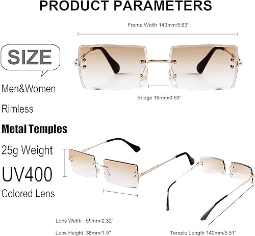 Miniatura 8 de Gafas de sol rectangulares para mujeres y hombres, sin marco, cuadradas, gafas de sol para hombre