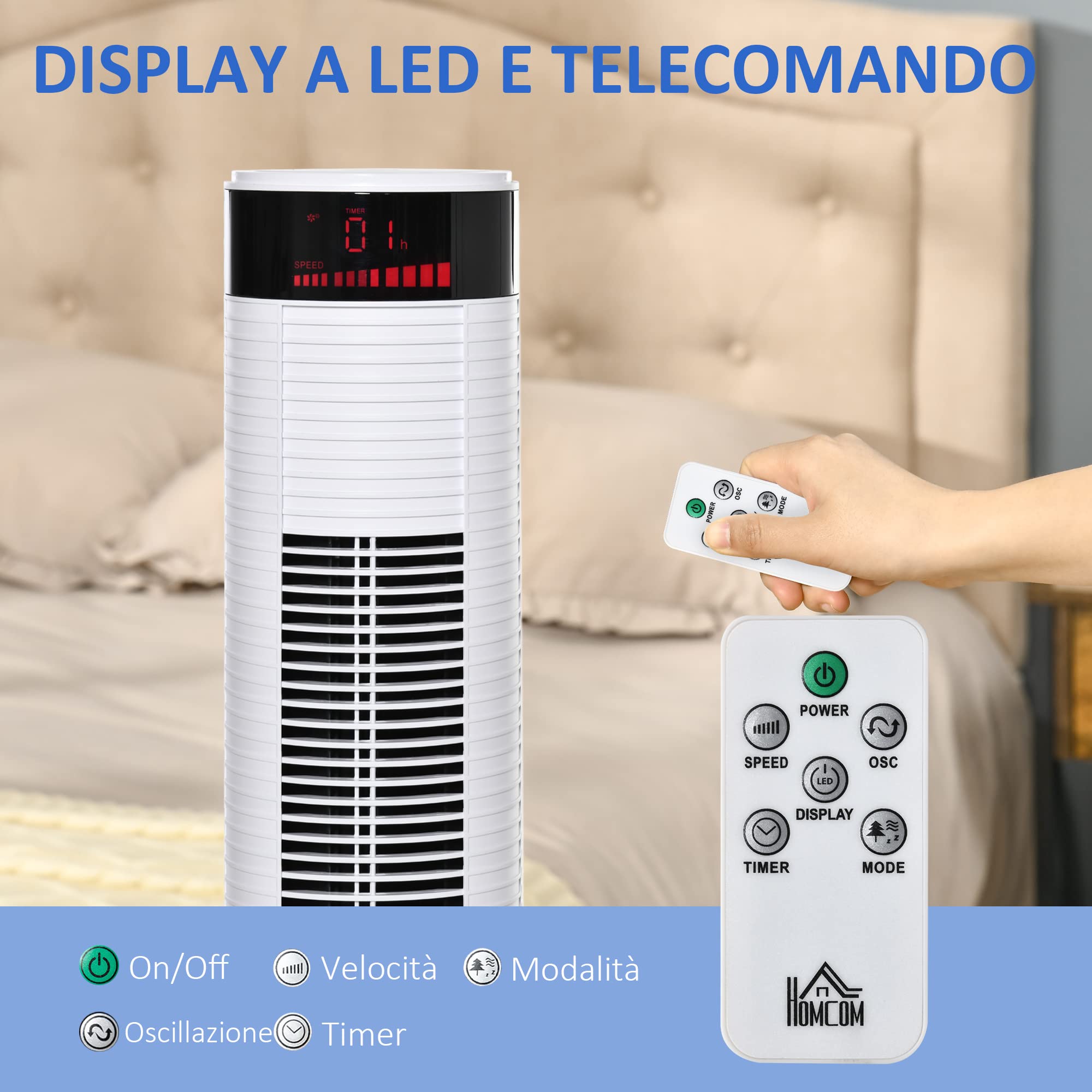 HOMCOM Ventilatore a Torre con 3 Velocità 4 Modalità, 45W, Timer 12h, Ventilatore a Colonna con Oscillazione 70°, Pannello LED e Telecomando, Bianco