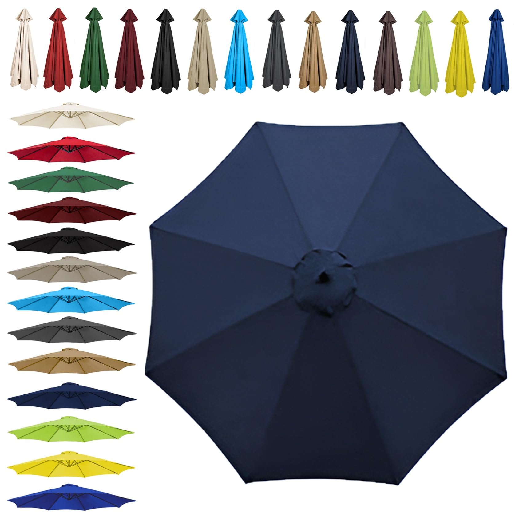 Sun Umbrella Replacement Cloth - 200cm | 2.7m | 300cm (6.5'/8.8'/9.8') - Umbrella Replacement Canopy For 6 Arms/8 Arms, Waterproof UV Protective Polyester Cloth(Color:Navy blue,Size:8 ribs-2.7m(8.8ft) — image 1