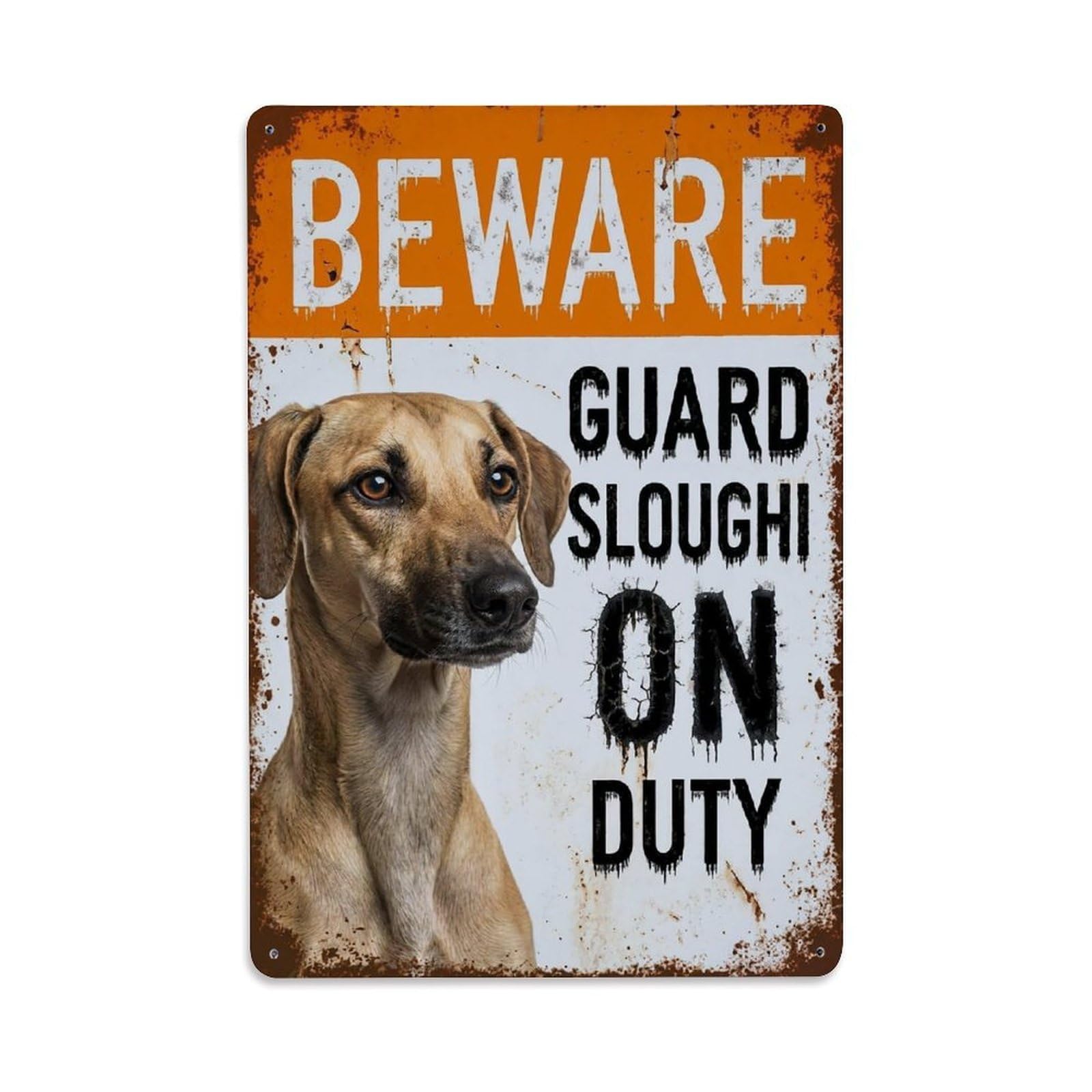 Vintage Funny Sloughi Guard Beware of Dog Entrance Metal Tin Sign Plaque Wall Decor for Cafe, Club Bar, Office, Garden Metal Poster 8x12Inch