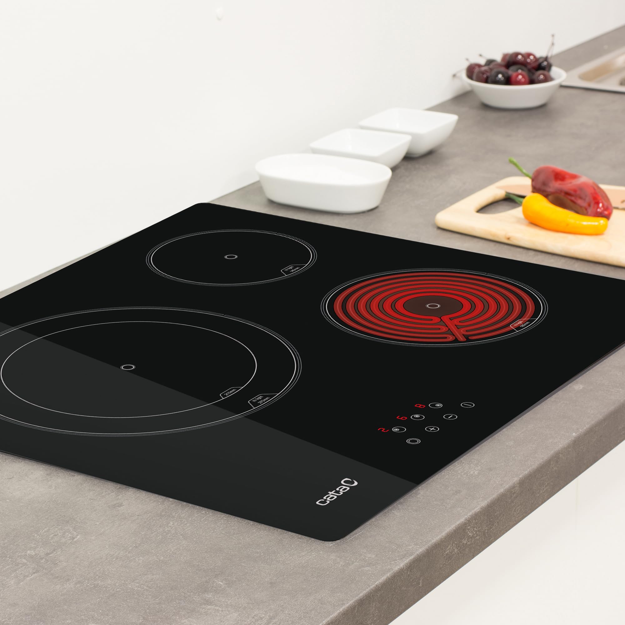 Cata Placa Vitrocerámica TD 6003 BK/A, 3 Zonas de Cocción, High Ligh,t Ancho de 59 cm, 9 Niveles de Potencia Regulables, Control Táctil con Avisador acústico, Potencia 5,4kW, Color Negro