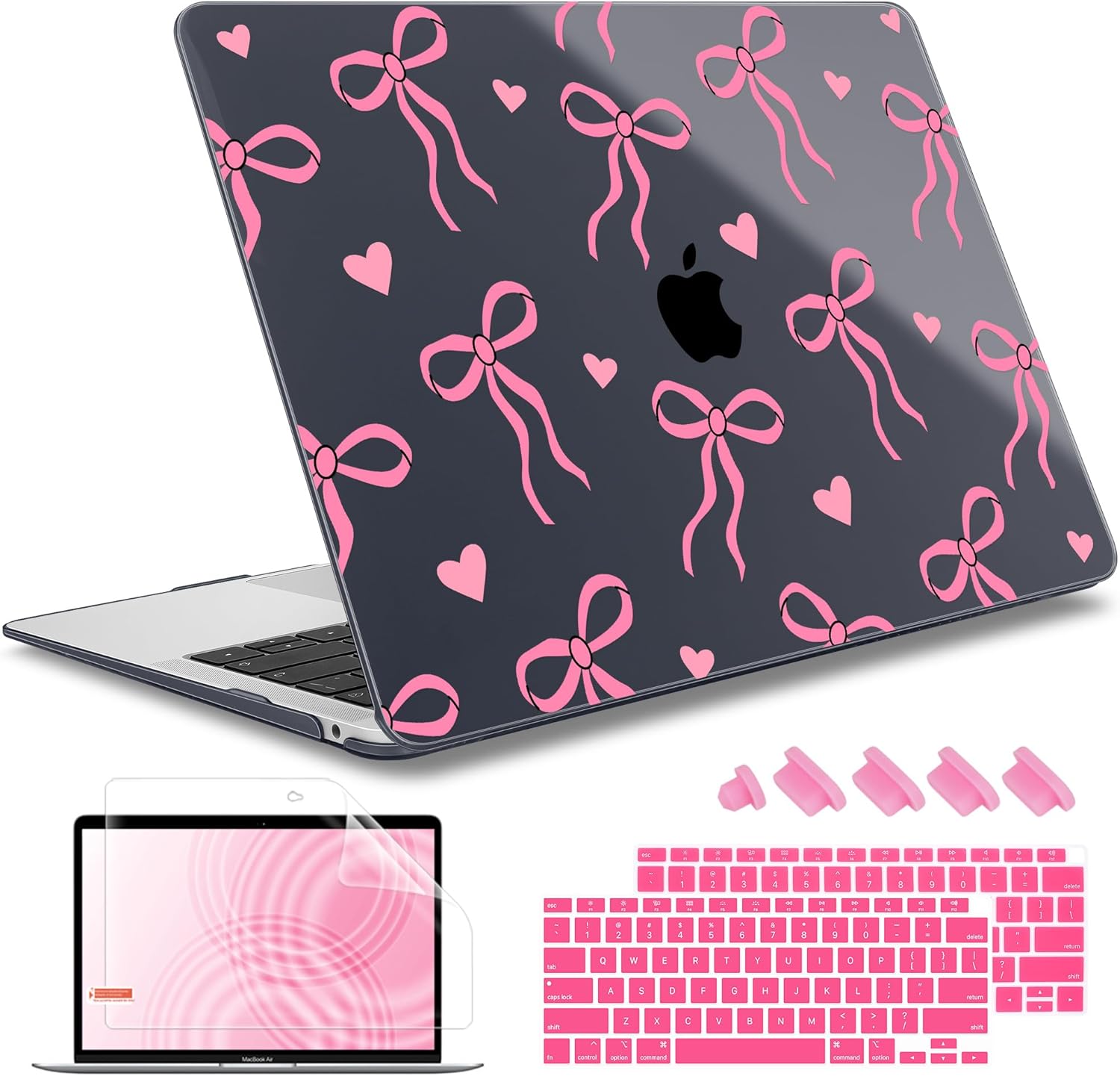 May Chen Compatible with MacBook Air 13 inch Case 2021, 2020 2019 2018 Release Model: M1 A2337 A2179 A1932, Plastic Hard Shell Case Cover with Keyboard Cover, Pink Bows & Hearts Black