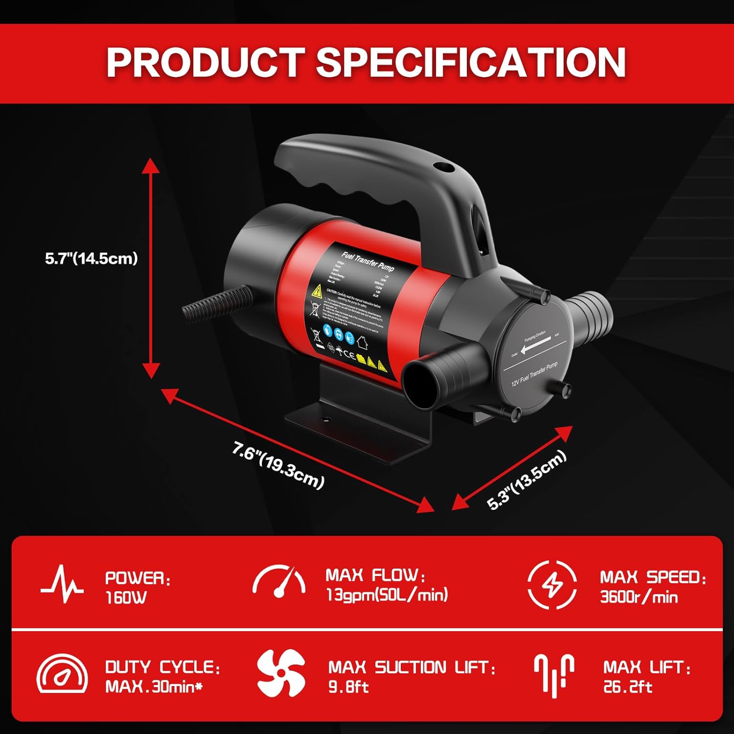 12V Fuel Transfer Pump, 13GPM Electric Diesel Transfer Pump Kit with Nozzle Hose for Diesel Kerosene Machine Transformer Oil, Self Priming DC Electric Fuel Transfer Pump Kit for Home Farm