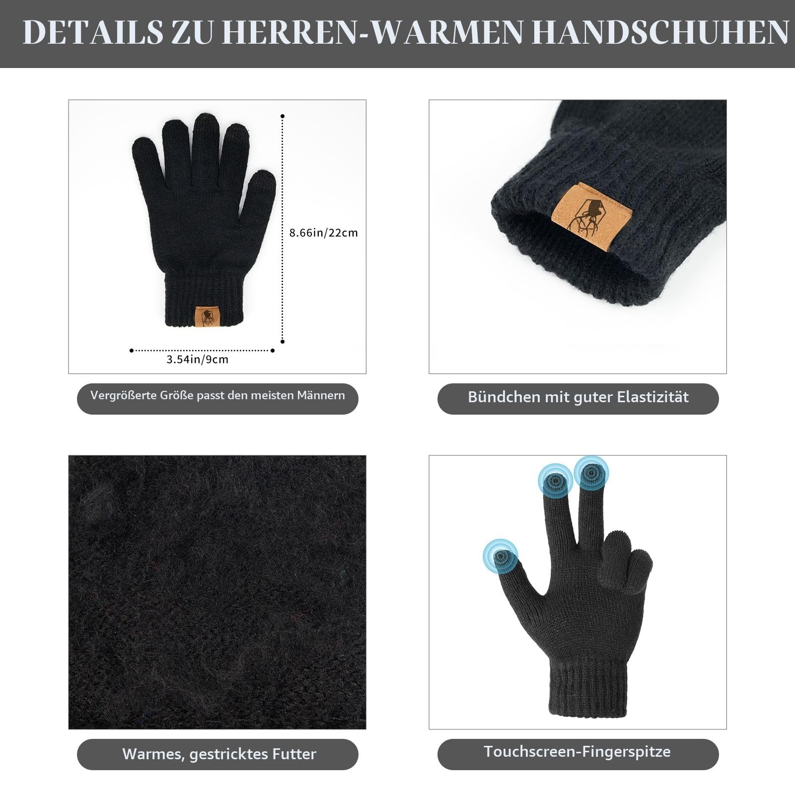 Mütze Schal und Touchscreen Handschuhe Set Wintermütze Thermohandschuhe Schal für Herren Strickmütze 3 STÜCKE Unisex Hüte für Damen Winter Accessoires für Herren Damen