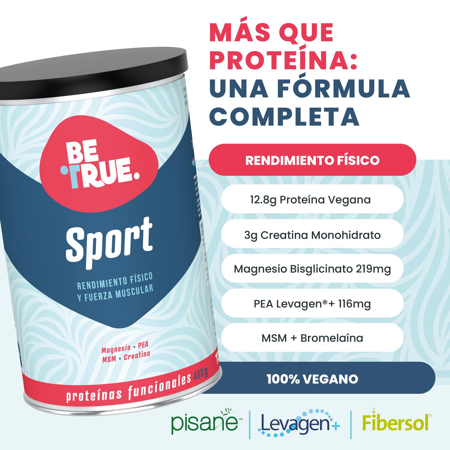 BETRUE SPORT Proteína Vegana | Con Creatina, Magnesio Bisglicinato, PEA, MSM y Bromelaína | Rendimiento físico y Recuperador Muscular | Sin Lactosa, Sin Azúcar, Vegana | 400 g