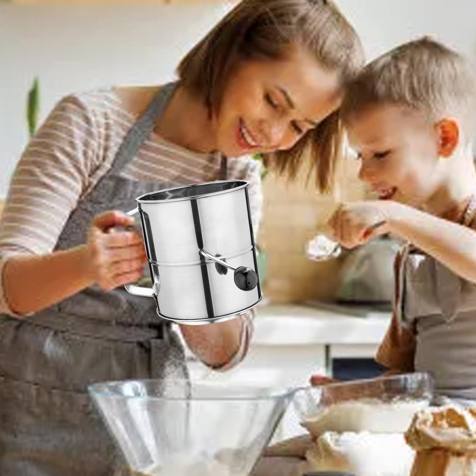 Tamiz de manivela para hornear, colador de harina de acero inoxidable, tamiz de taza de mano para hornear, tamiz de manivela para cocina, tamiz de cocina de cocina, herramientas de pastelería, tamiz