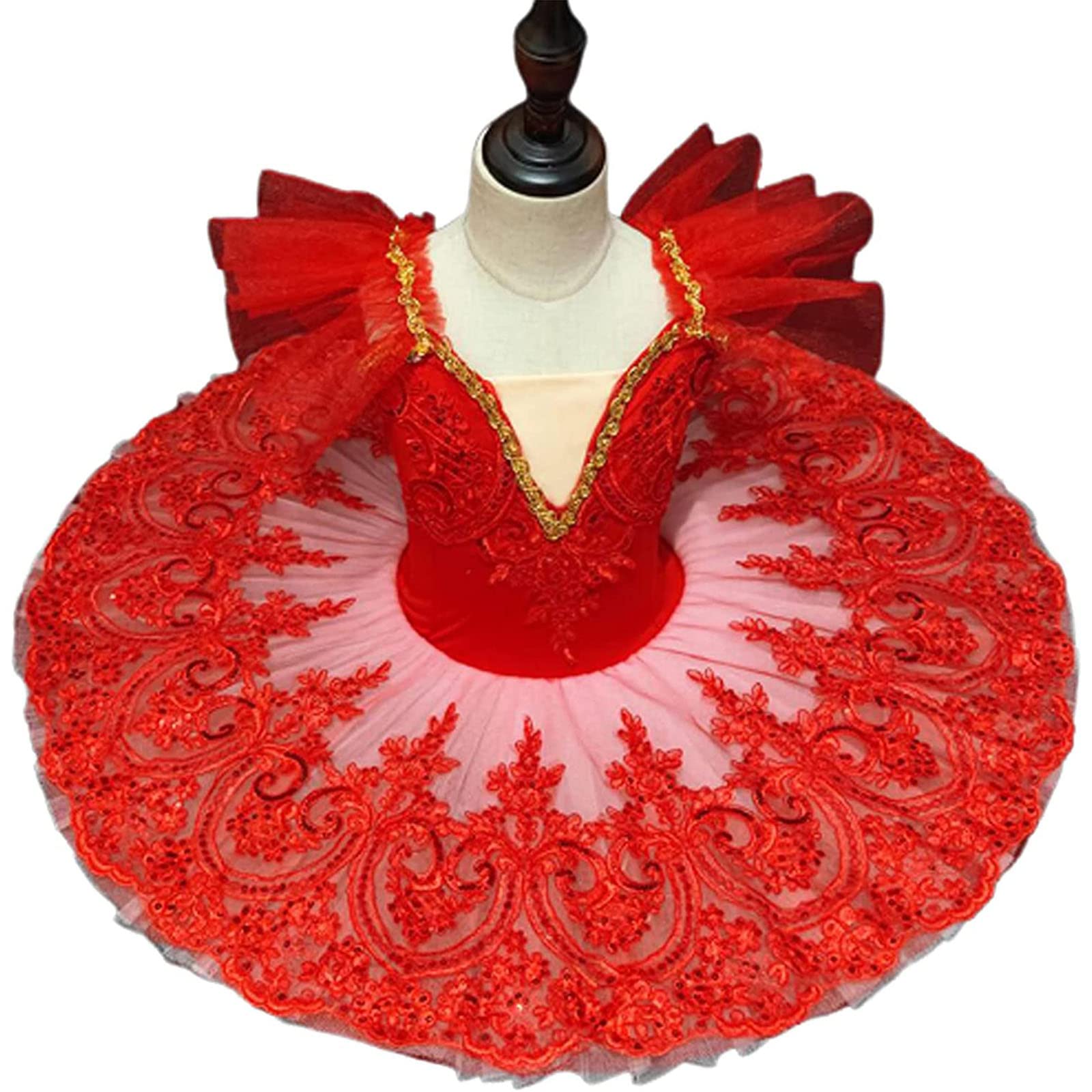 Wnrll Unisex Kids Red ,4Xl, Ballet Dance Dress Swan Lake Sling Strap Lace Pearl Embroidery Camisole Ballerina Outfit