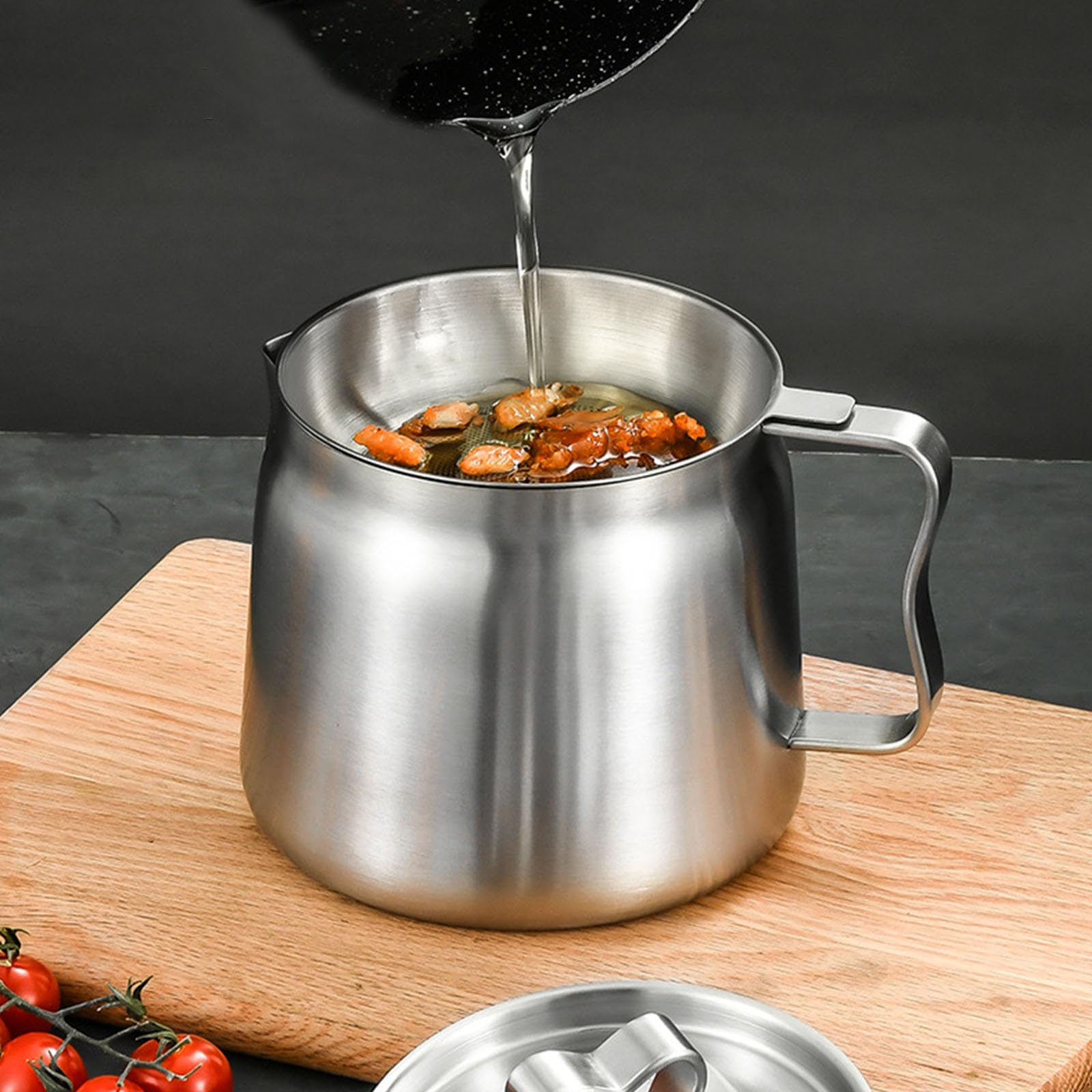 Recipiente de filtro de aceite de acero inoxidable de alta capacidad, tapa y colador, sartenes para camping, cocina al aire libre, caldera de filtro de aceite de grado alimenticio