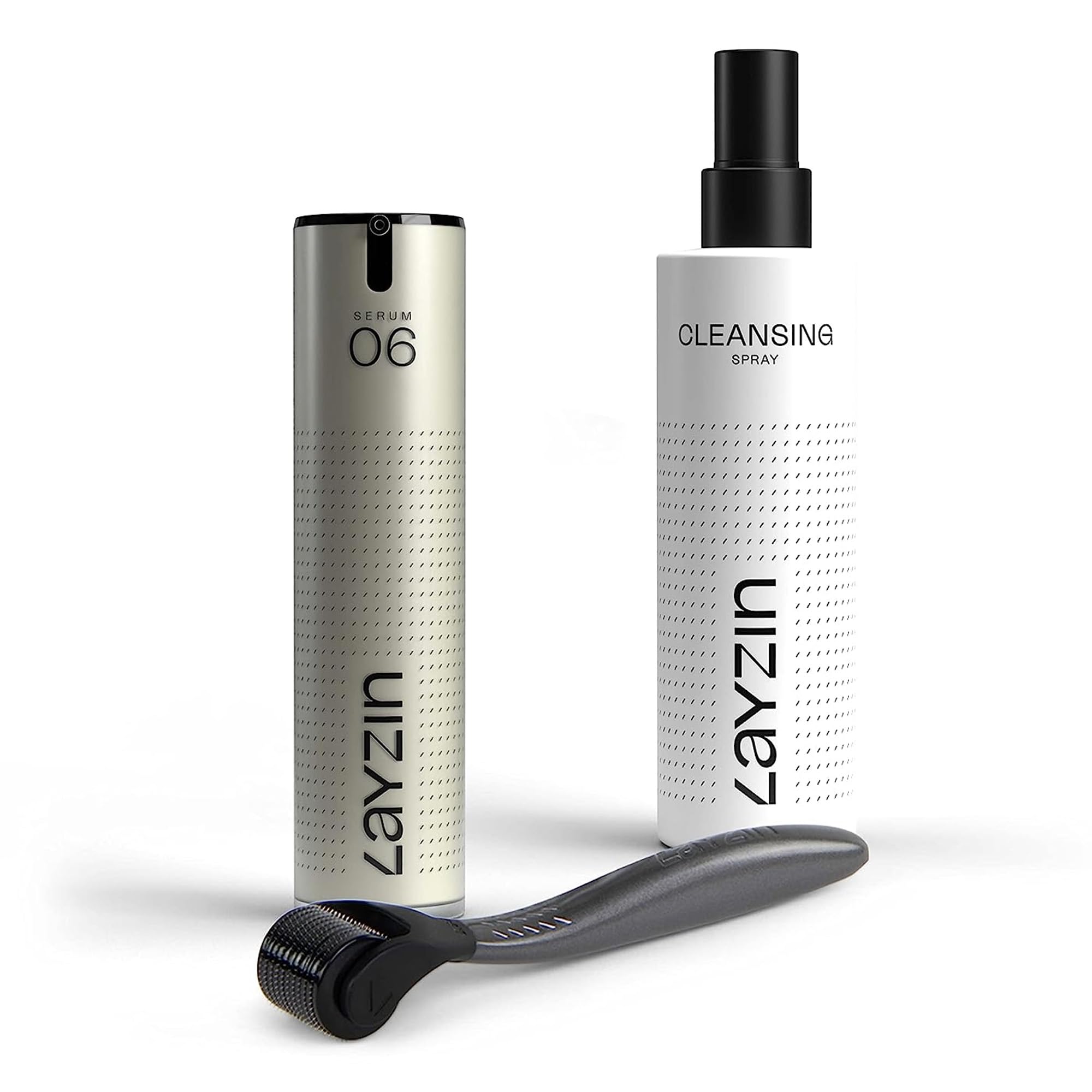 Bartwachstums-Kit – Fördert das Wachstum von Bart & Schnurrbart – Derma-Roller-Griff mit 0,55 mm Roller-Kopf (Größe M), Serum 06 & Cleansing Spray – Für dünnes Gesichtshaar – Unisex