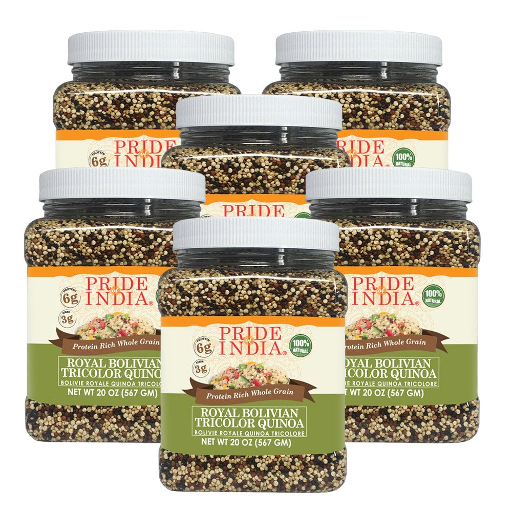Pride Of India - PACK of 6 - Natural Three Color Quinoa - 100% Royal Bolivian Superior Grade Protein Rich Whole Grain, 1.25 Pound (20oz) Jar