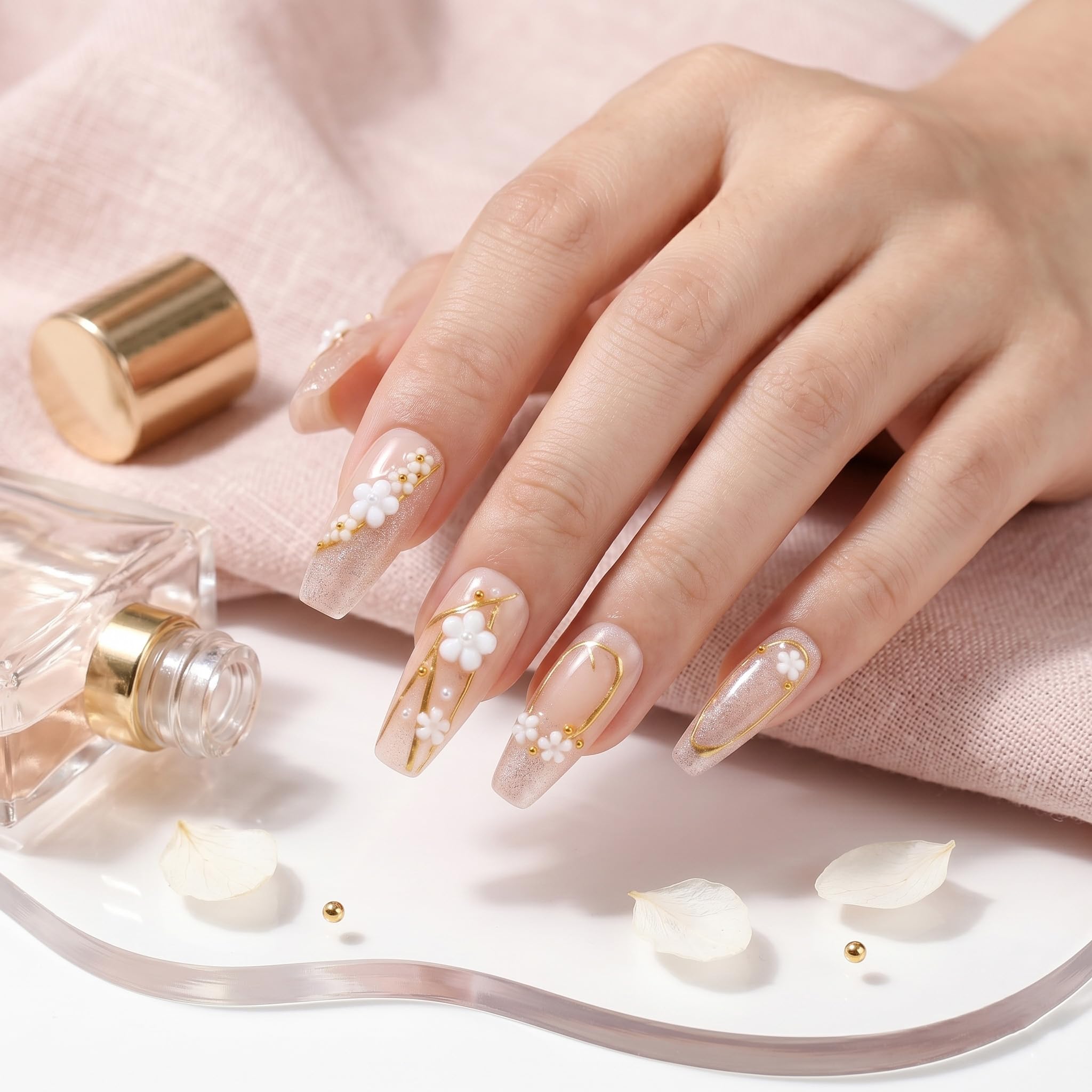 A close-up of Sun&Beam Nails' Medium Almond Light Pink Pearl Shell Glossy press-on nails, showcasing their intricate design and glossy finish.