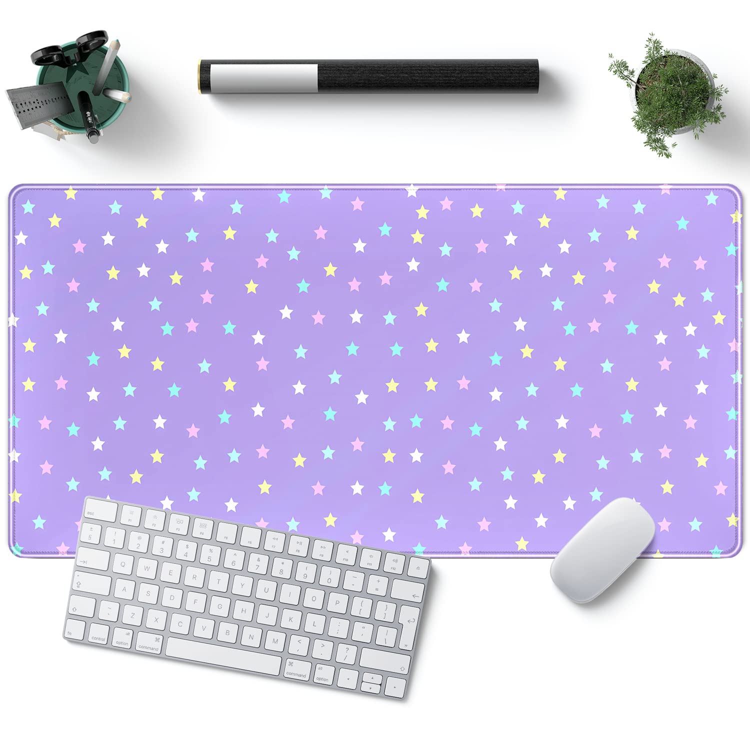 Kawaii Mouse Pad Large Desk Pad Gaming Cute Stars Purple XXL Mouse Pads, Desk Mat for Desktop Pad Pink Anime Office Decor Desk Mousepad Large 31.5x15.7in Extended Keyboard Mousepads for Desk Girl