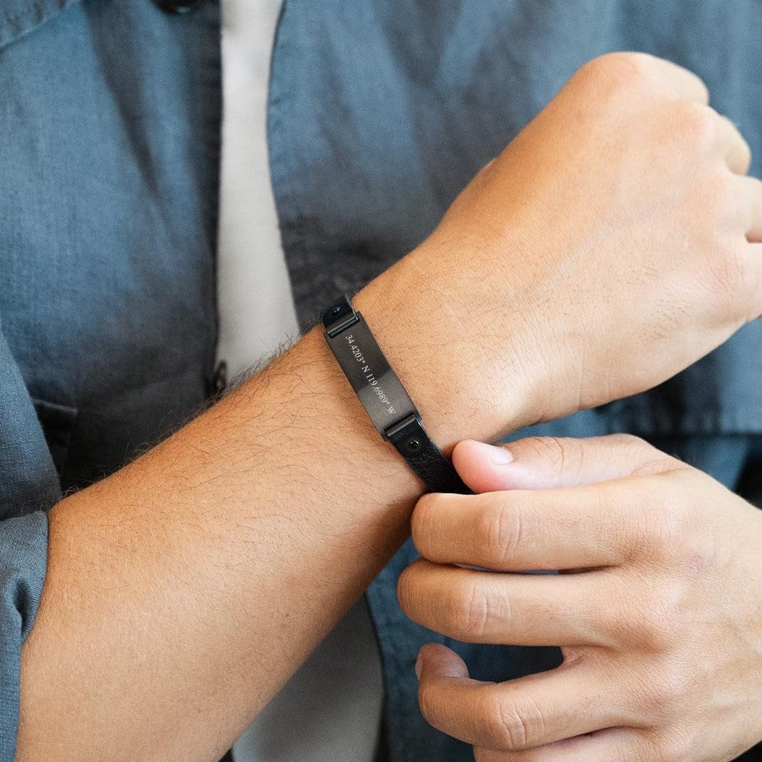 EVE'S ADDICTION Men's Custom Coordinate Black Stainless Steel Leather Bracelet - Personalized Men's Bracelet - Gift for Dad - Father's Day Gift - Gifts for Dad