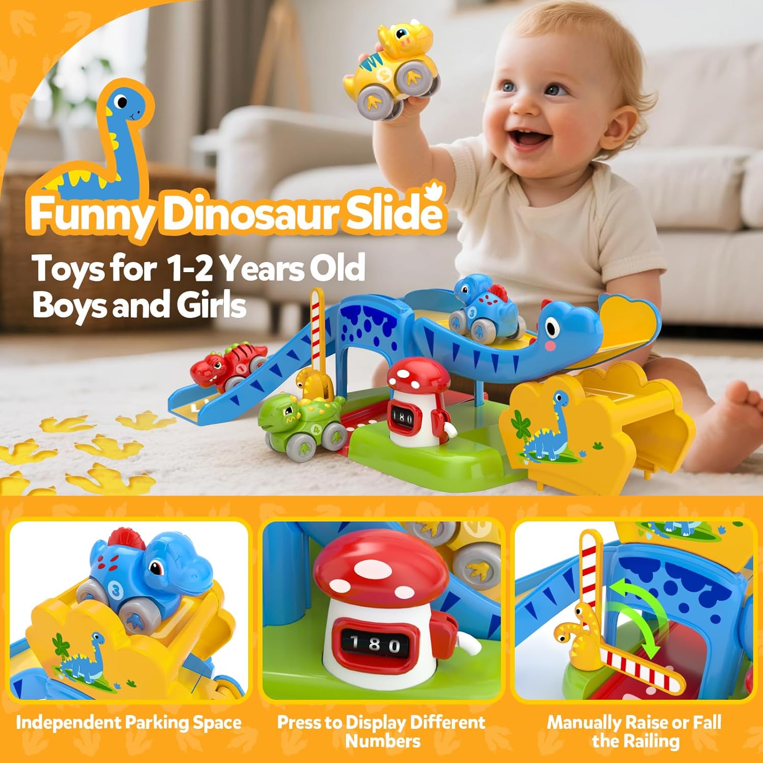 Toddler Toys for 1 Year Old Boy Gifts - Educational Dinosaur Slide Set with 4 Color/Number Push Cars and Playmat, Montessori Learning Toy for Baby 12-18 Months, 1st Birthday Present Ages 1-1.5, Yellow - Image 2