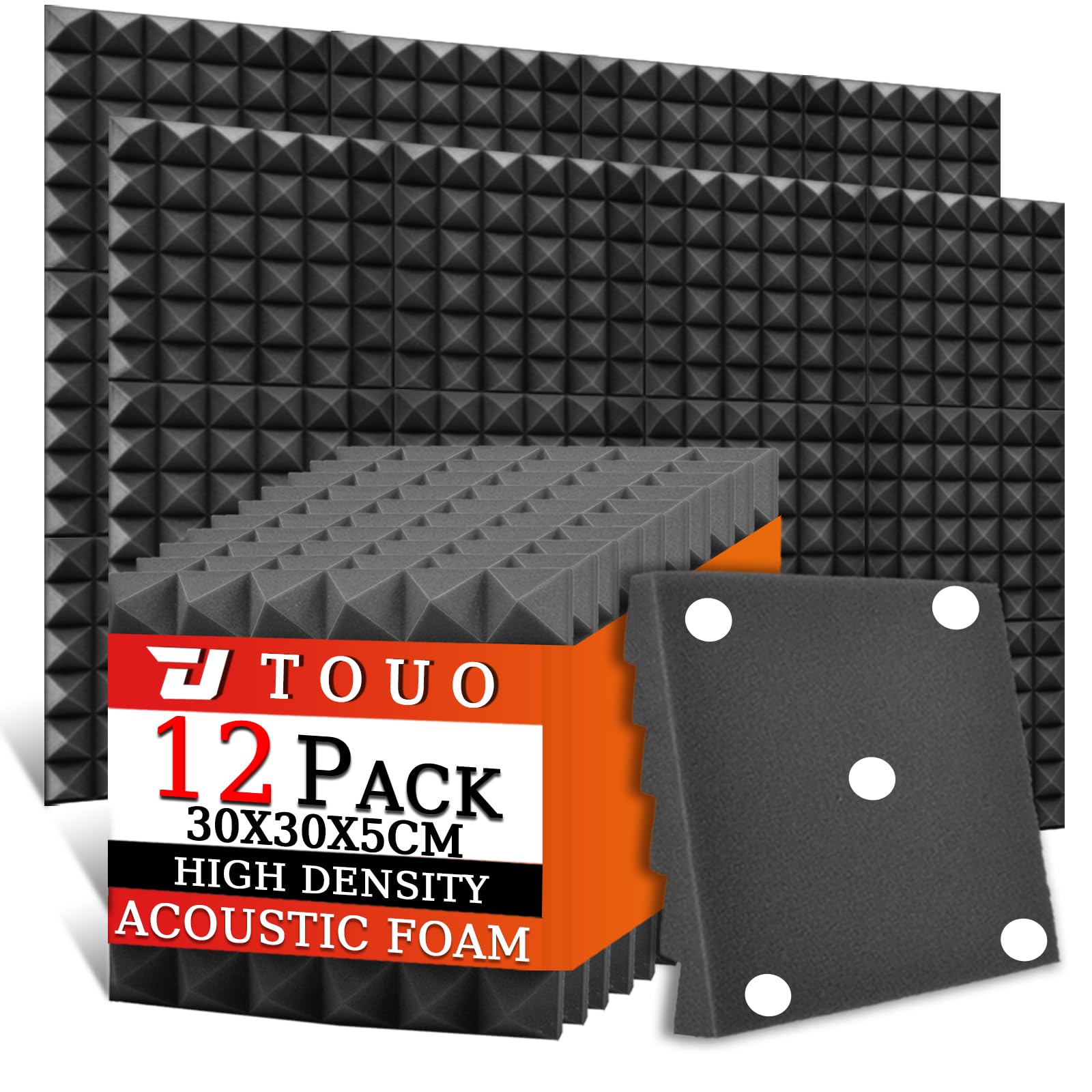 Lot de 12 panneaux acoustiques en mousse pyramidale pour murs, insonorisants haute densité, ignifugés, pour murs et plafonds de studio, 30 x 30 x 5 cm (noir)