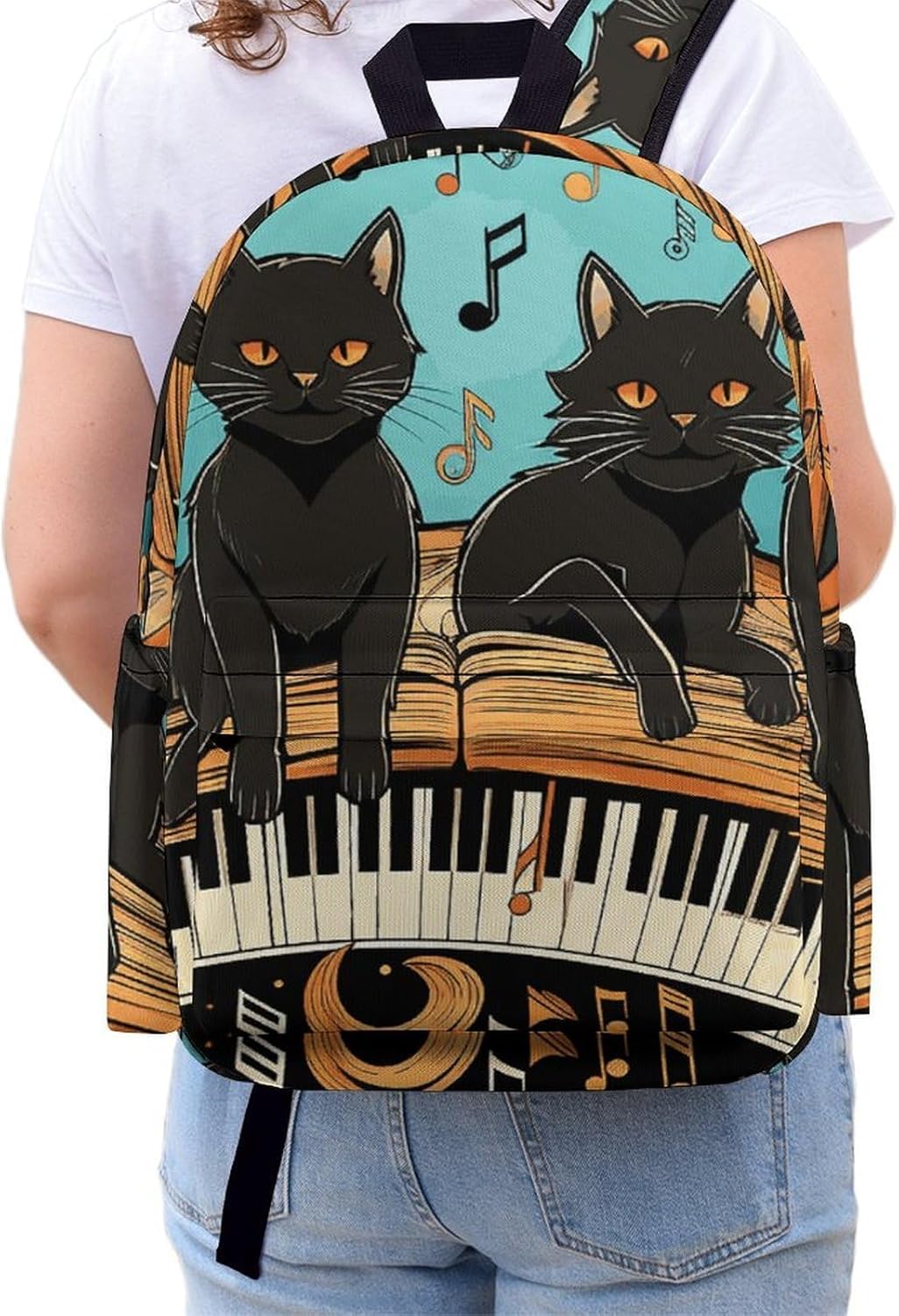 Laptop Travel Backpacks Large Capacity Four Black Cats Lying on The Piano Keyboard Bookbags for Outdoor Sports Office Work