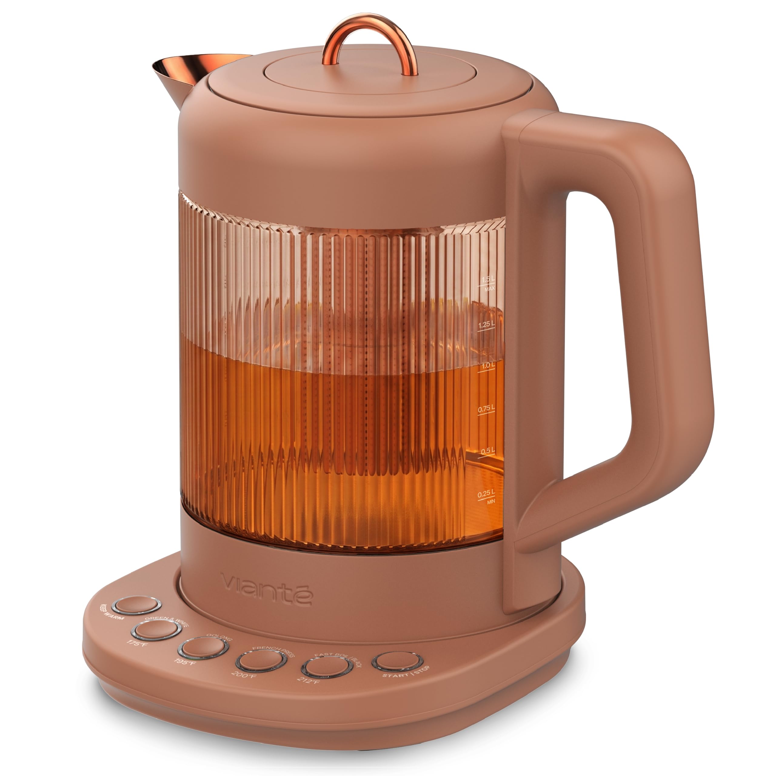 Viante Nina Electric Tea Kettle with Infuser, No Plastic In Contact With Water, 1.5L Borosilicate Glass, 304 Stainless Steel, 4 Temp Presets, Keep Warm, Cordless, Auto Shut-Off, Terracotta