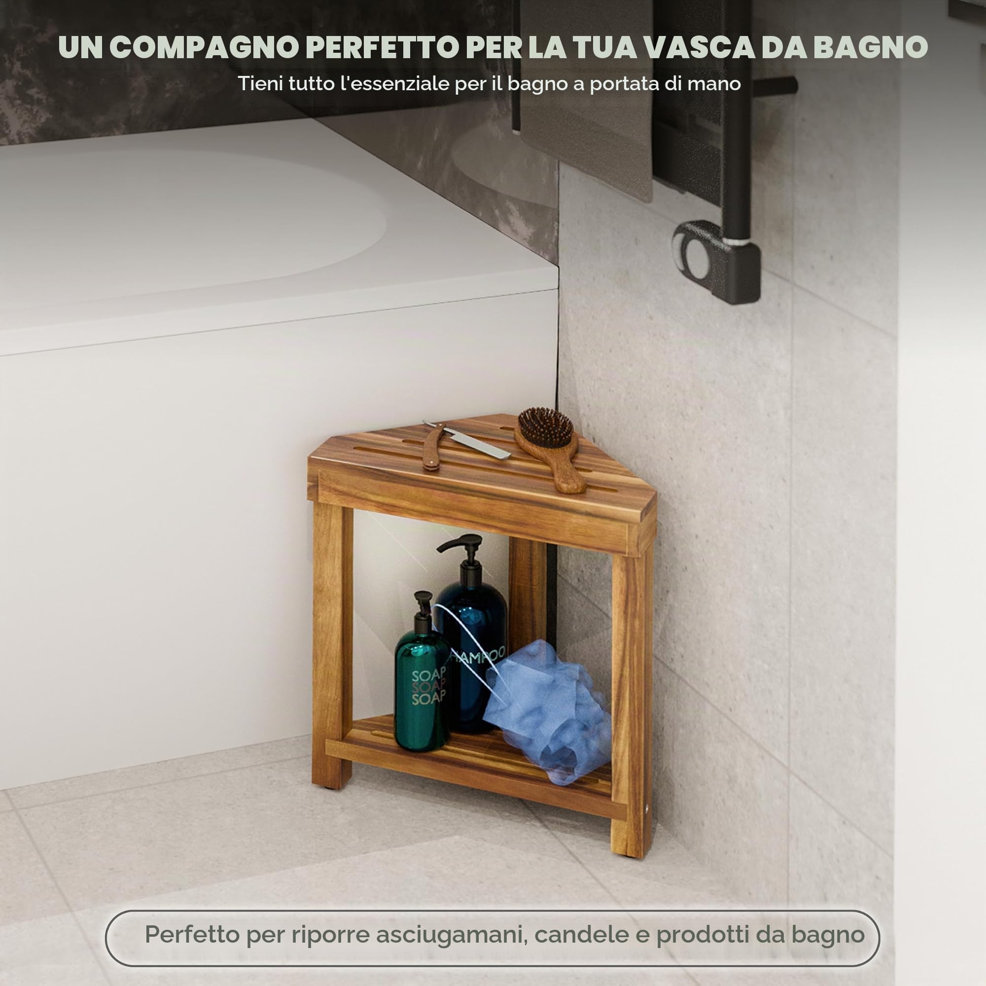 BLUEWEST Poggiapiedi per doccia, sgabello angolare da doccia, sgabello in legno per rasatura gambe all'interno della doccia, poggiapiedi impermeabile con ripiano portaoggetti per piccoli spazi doccia
