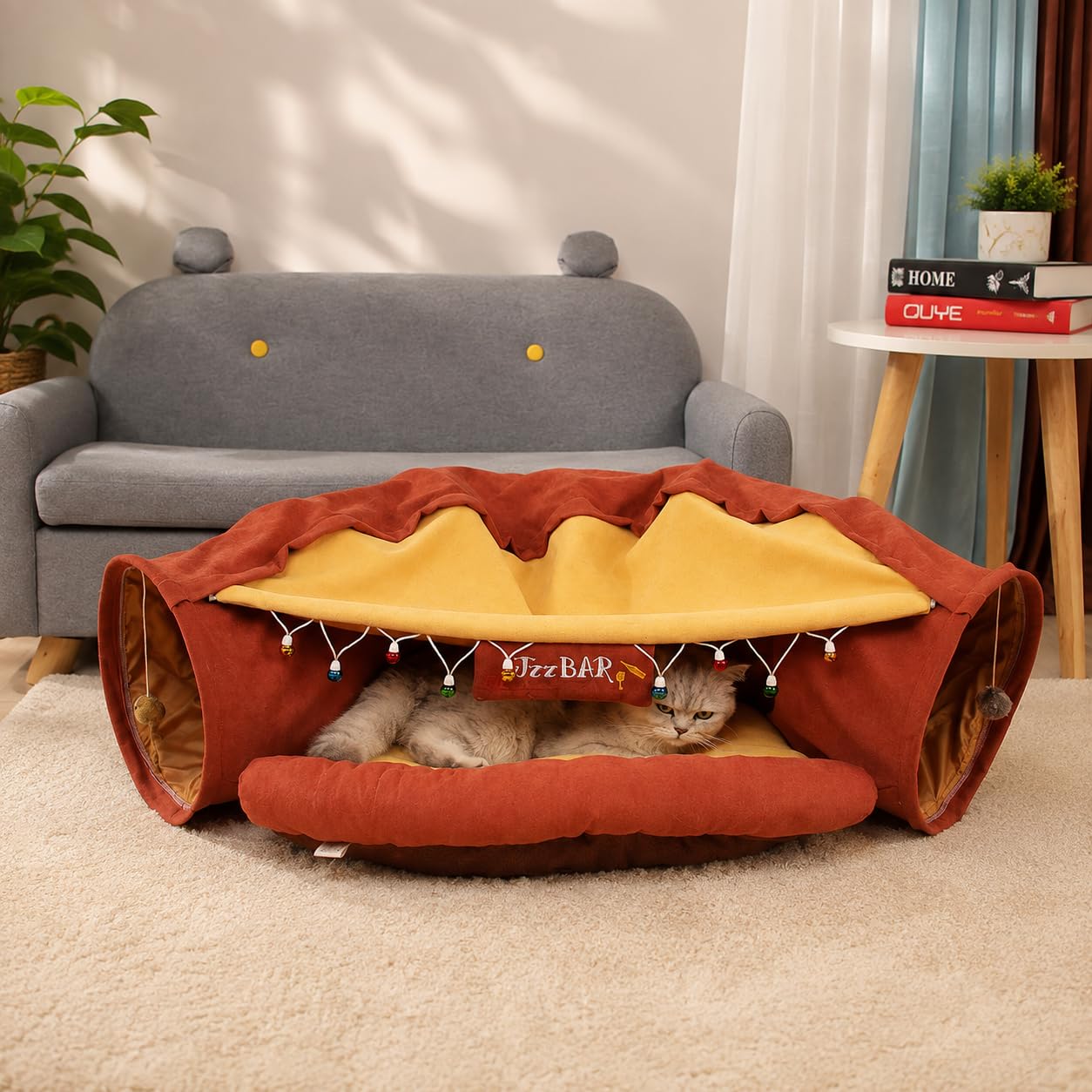 House Of Pets 2-in-1 Cat Bed and Tunnel, Scratch-Resistant Canvas, Collapsible Washable Cushion, Indoor Cozy Play & Rest Space for Small to Large Cats β Jazz Terracotta 3