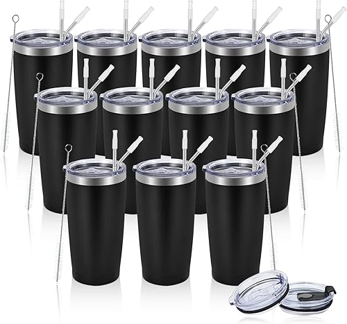 Futtumy Paquete de 12 vasos de viaje de acero inoxidable, vaso de 20 onzas con 24 tapas, vasos de café aislados, vasos de viaje de doble pared,