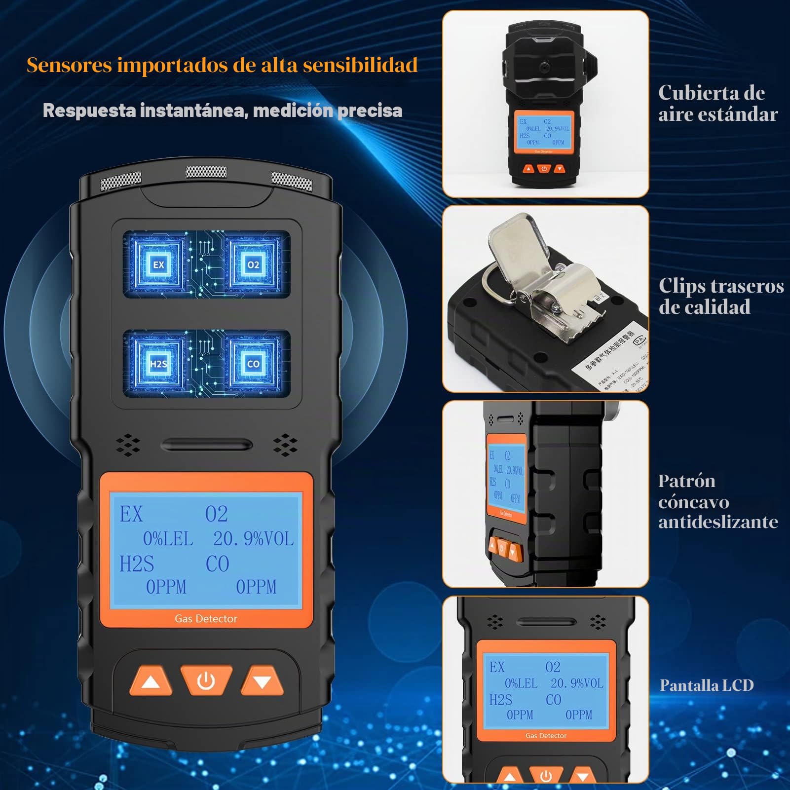 Detector de Gas, Recargable 4 Monitor de Gas H2S CO O2 EX con Pantalla LCD Digital, Alarma de Vibración de Luz de Sonido, Personal 4 en 1 Medidor de Gases Múltiples