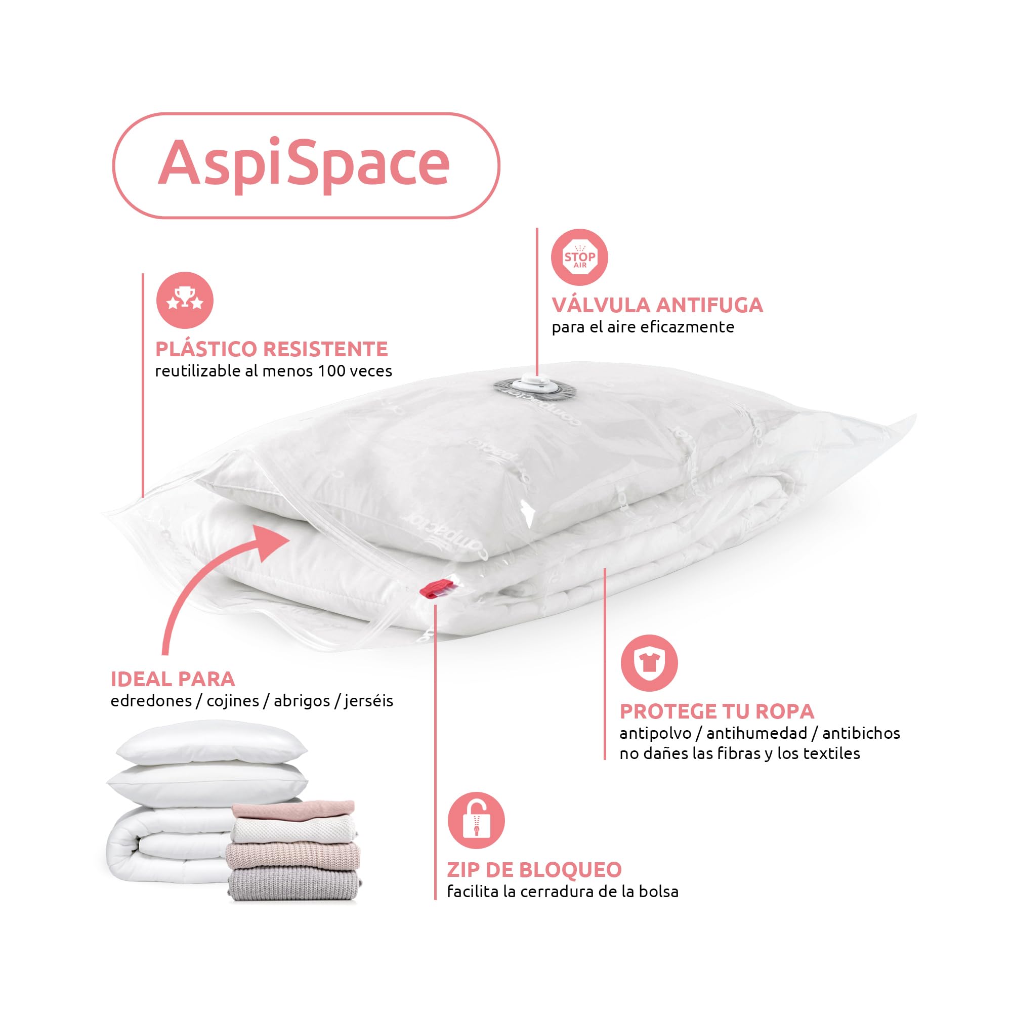 Compactor ASPISPACE: Set de 10 Bolsas de Compresión al Vacío - 5 Medianas, 5 Grandes, Transparente
