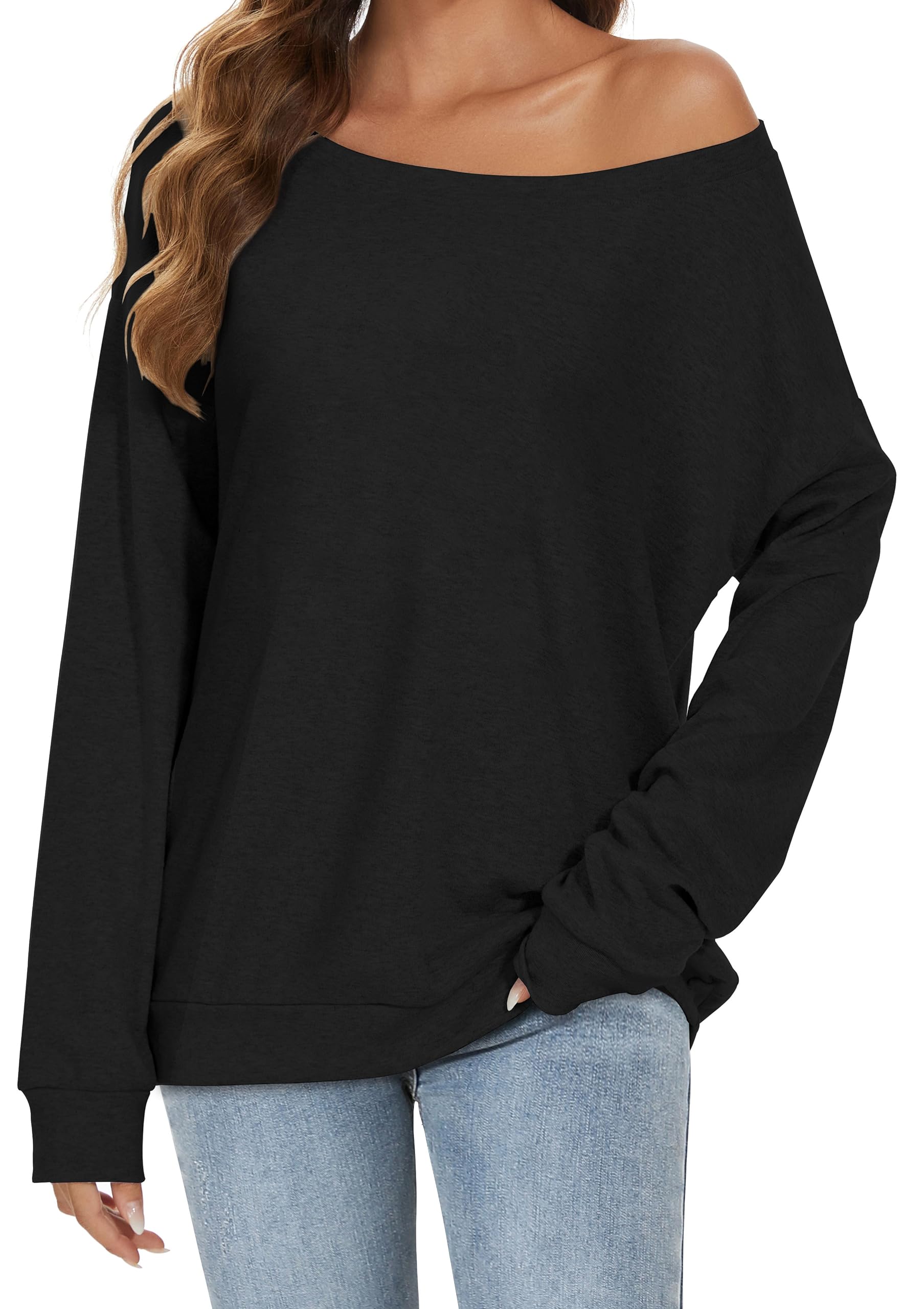 Schulterfreies Oberteil Damen Langarm Pullover Causal Lässige Sweatshirt | Elegant Bluse Oversize Shirt Fledermaus Longshirt, One off shoulder Longtops für entspannte Alltagskleidung