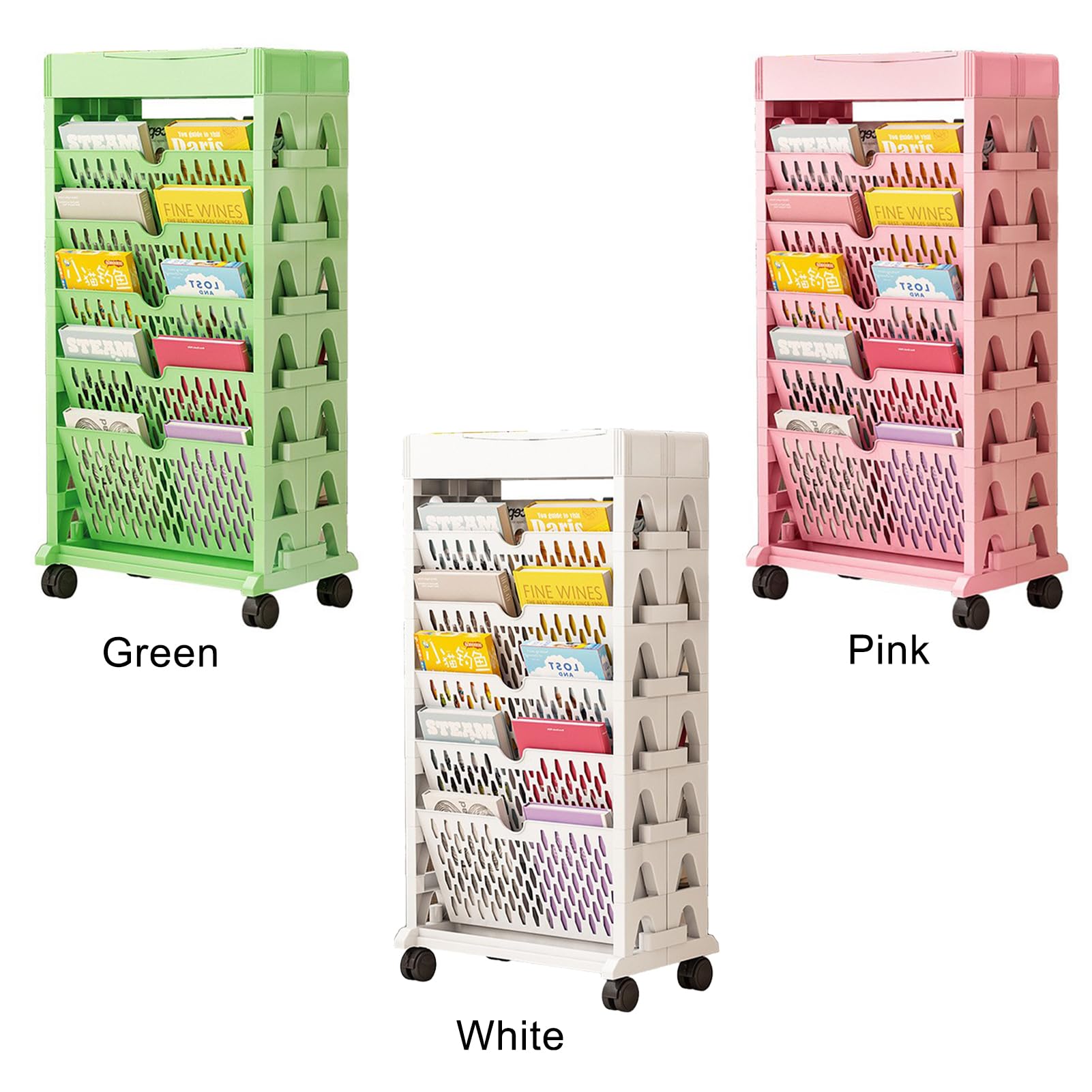 Blanketswarm Rollbarer Bücherwagen mit 5 Etagen, Mobiles Bücherregal, Bewegliches Bücherregal, Rollendes Bücherregal, Organizer, Bücherwagen, Schmaler Rollender Aufbewahrungswagen für Büro,(Grün)