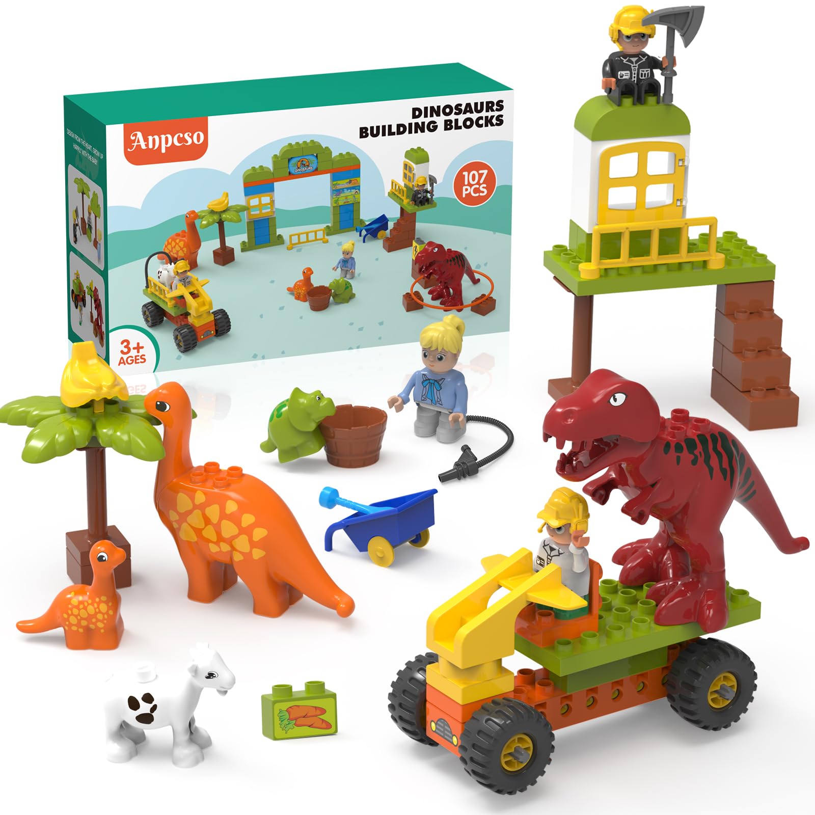 Building Blocks for Toddlers 3-5, Dinosaur Toys- Dinosaurs, Car, Build, Learn and Play, Educational Interactive Creative DIY Toy Compatible with All Major Brands, Gift for Kids Boys Girls
