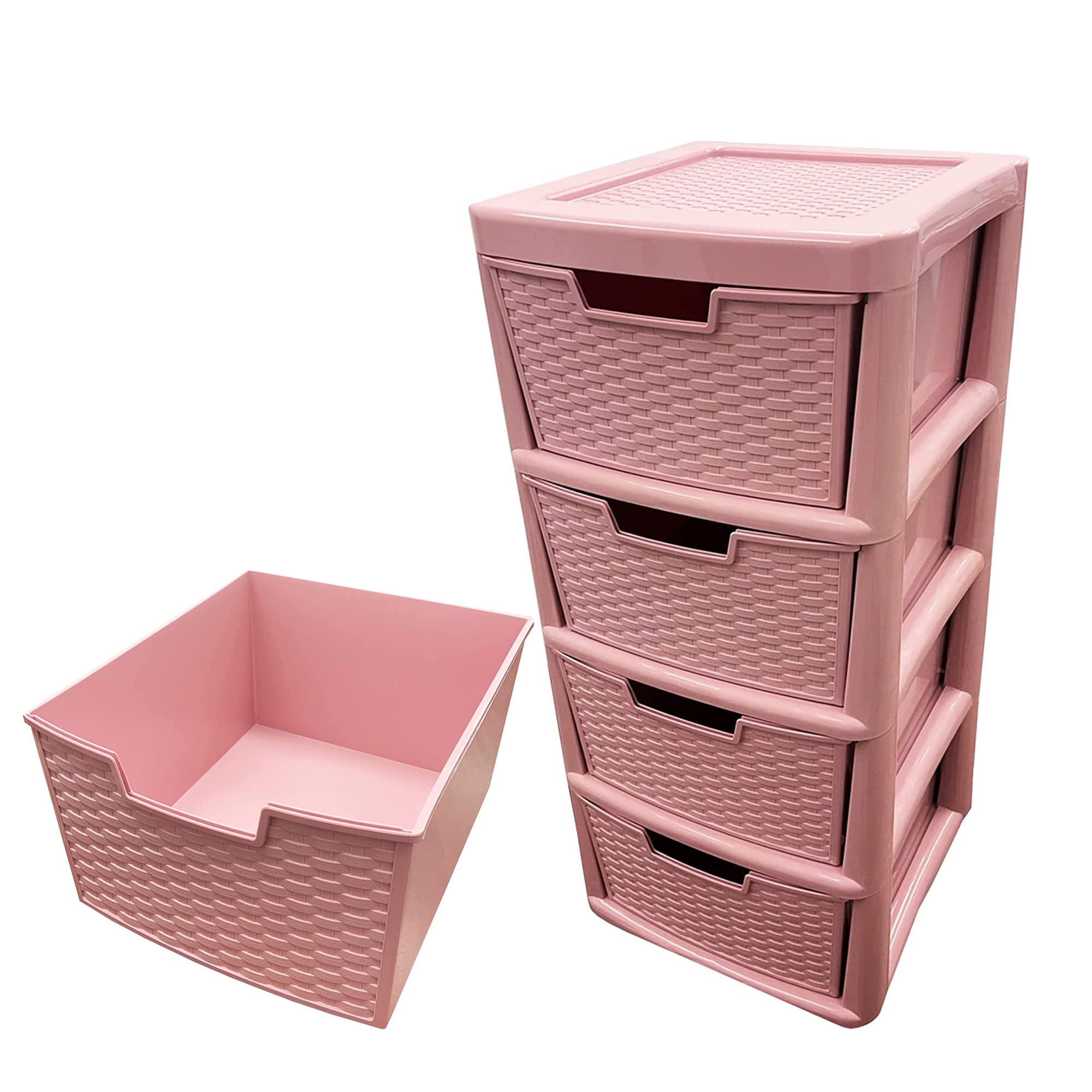 Star Supplies Pink Large Home Office Schools Offices Rattan 4 Drawer Plastic Modular Storage Tower Unit (1)