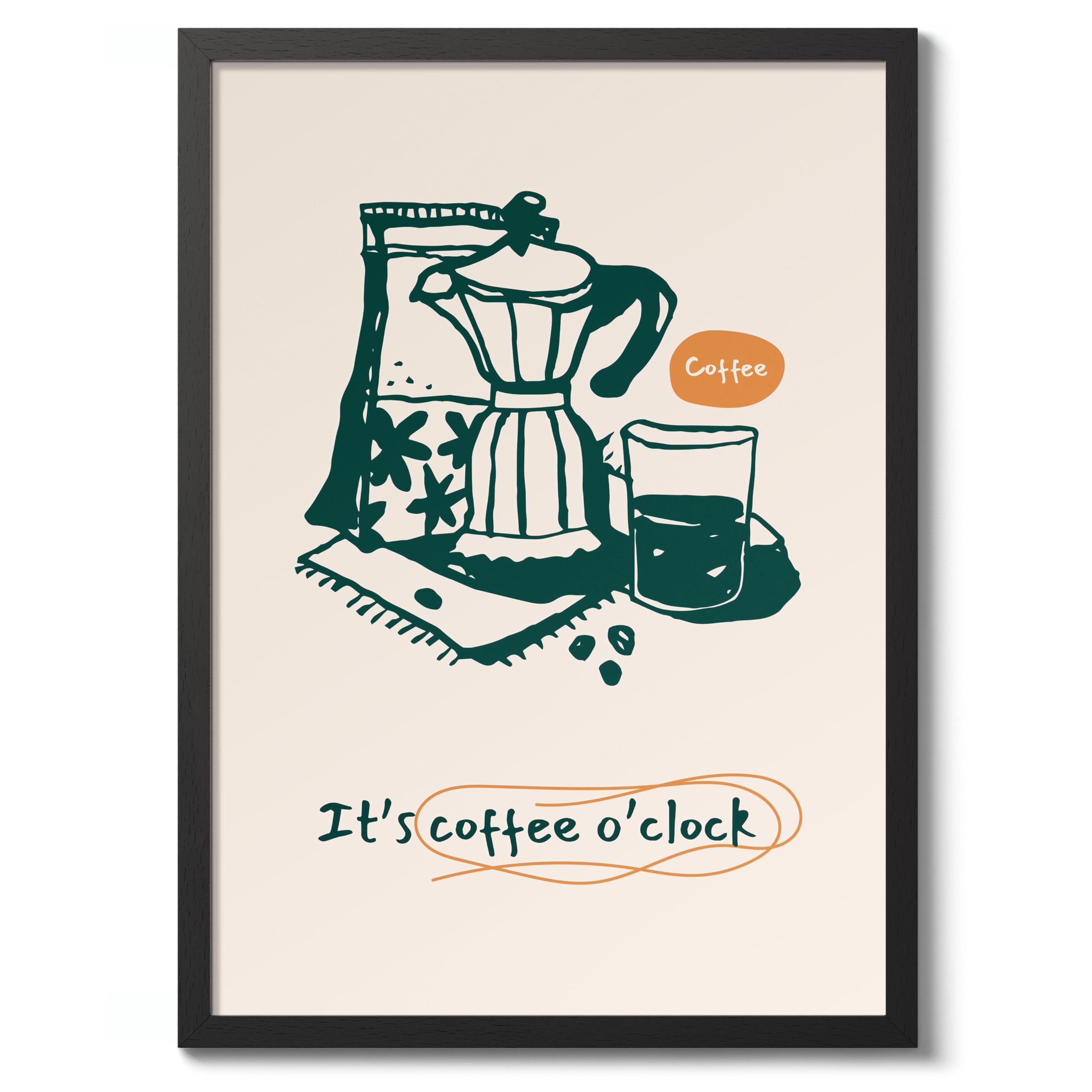 It'S Coffee O'Clock Kitchen Poster, Cooking Baking Quotes Prints, Kitchen Line Food Illustration Wall Art, Funny Humour Quotes Home Decor, Archival Matte, A4 (Black Frame) - 29.7x21cm
