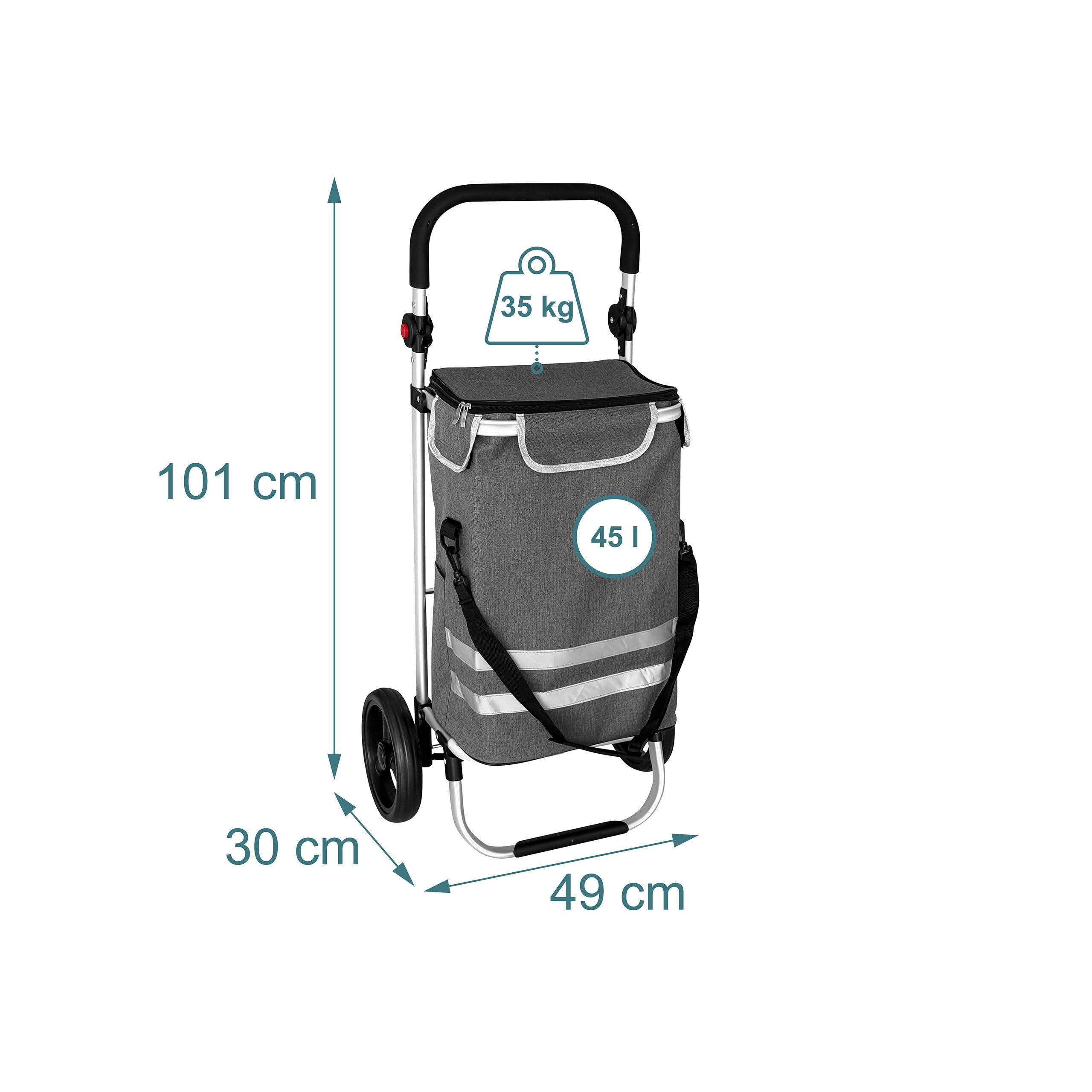 Relaxdays Wózek na zakupy, 2 duże koła, komora chłodząca, zdejmowana torba, 45 l, do 35 kg, składany wózek na zakupy, szary