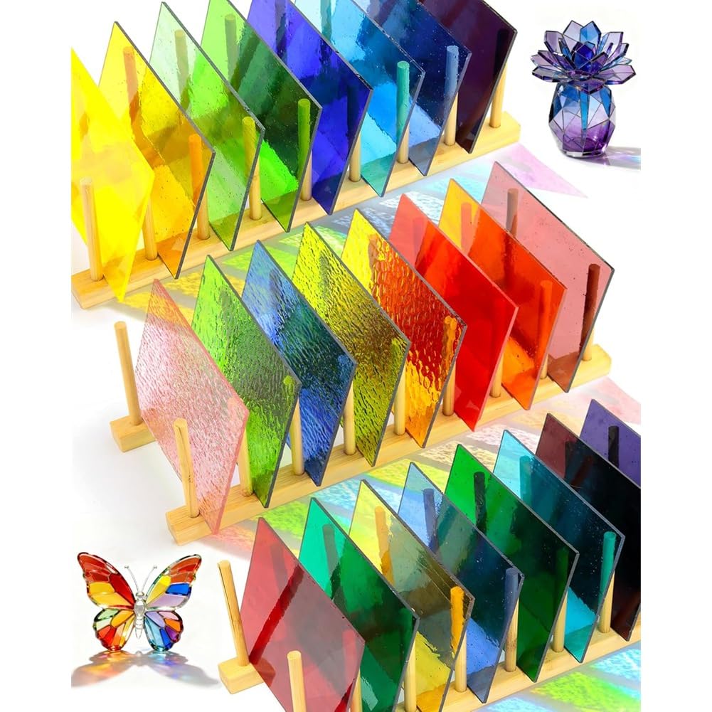 Vjsujehgy Stained Glass Supplies-Mixed Color Rainbow Transparent Sheets 24pcs 4x6 Inch-for Mosaic Glass Crafts
