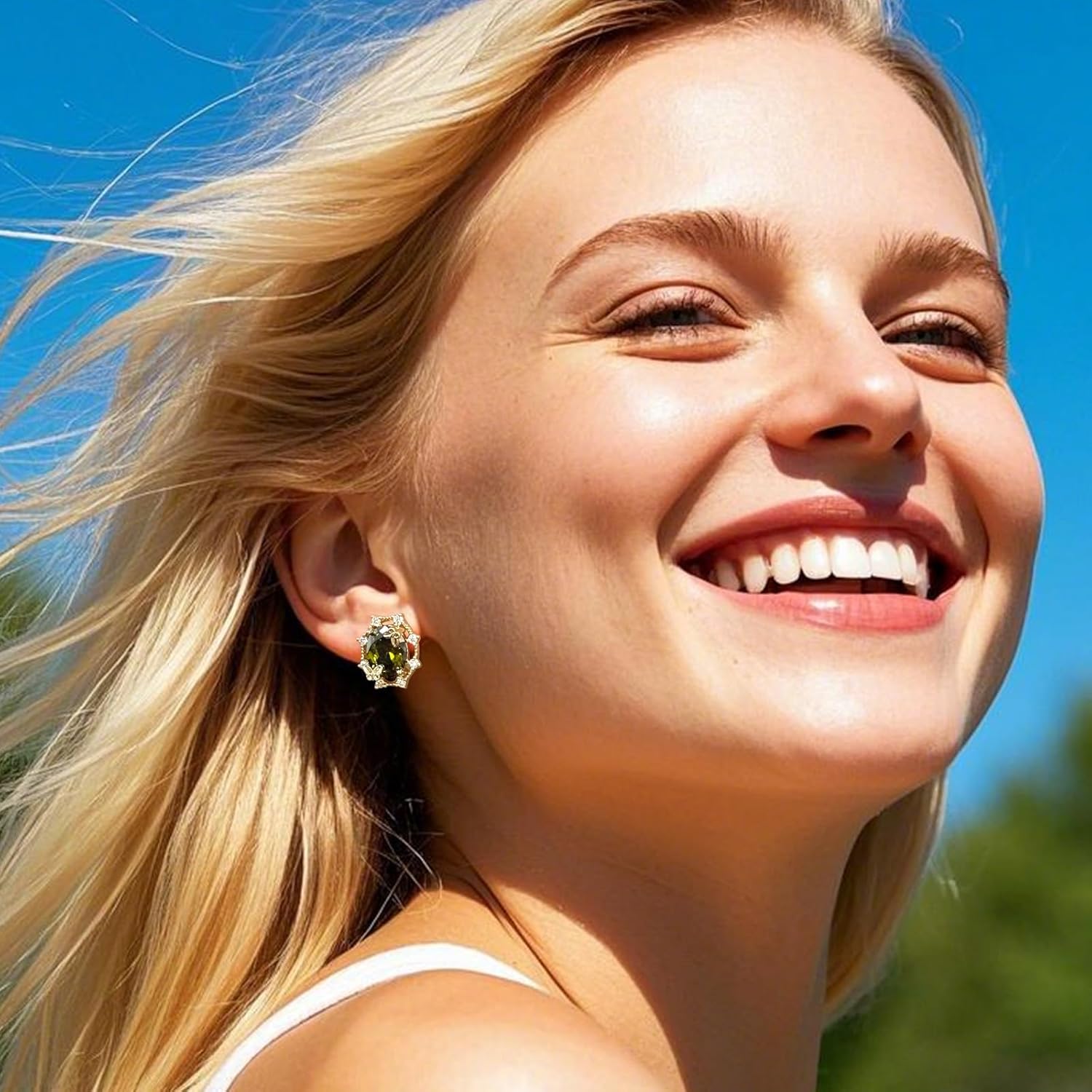 Gold Plated Oval Peridot Stud Earrings for Women with Butterfly and Cubic Zirconia Olive Green Earrings Studs for August Birthstone Jewelry - Image 2