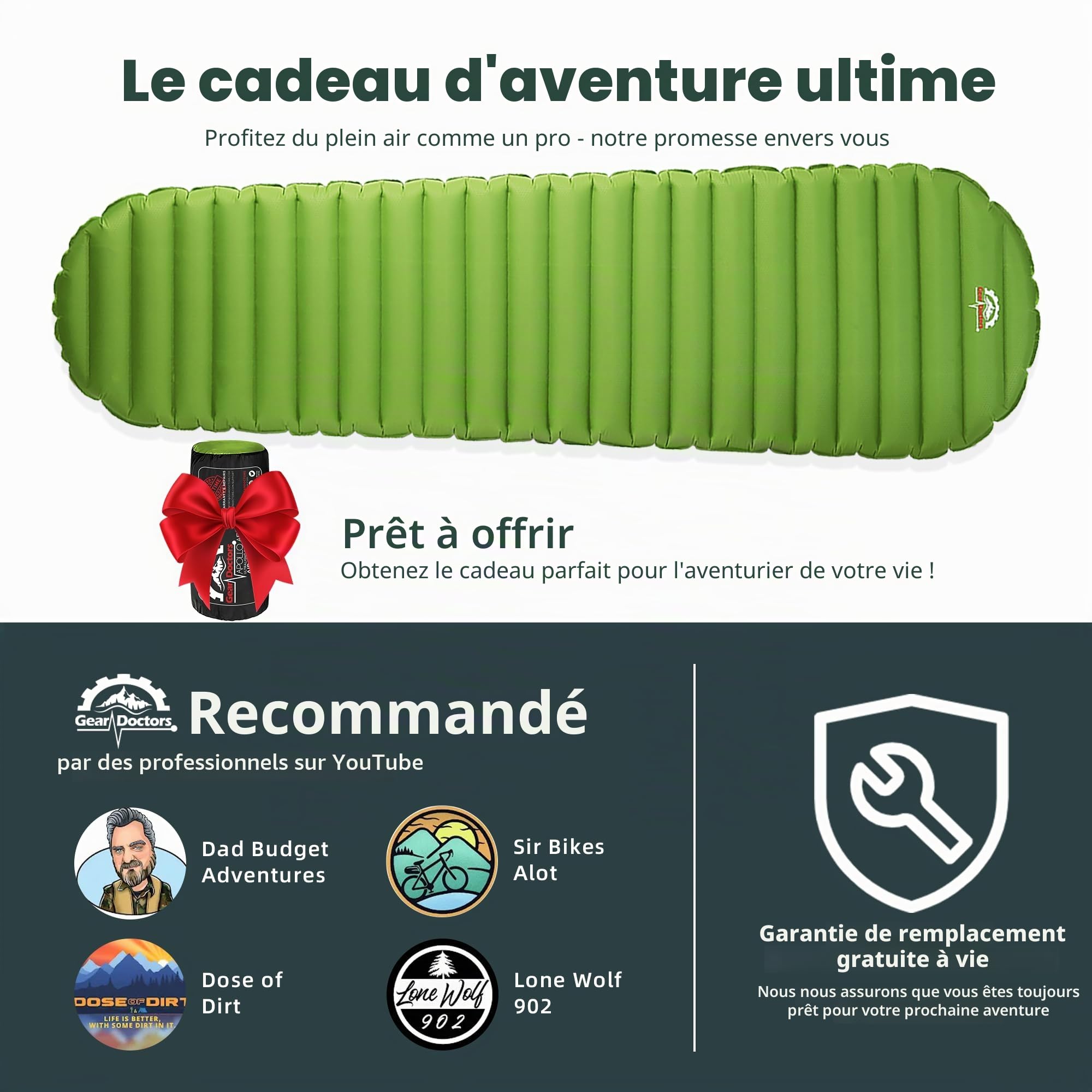 Gear Doctors ApolloAir Matelas de Couchage ultraléger 481,9 g pour Camping – Grand, Chaud 5,2 R-Value 4 Saisons, Parfait pour la randonnée, Matelas de Couchage léger Gonflable et Compact