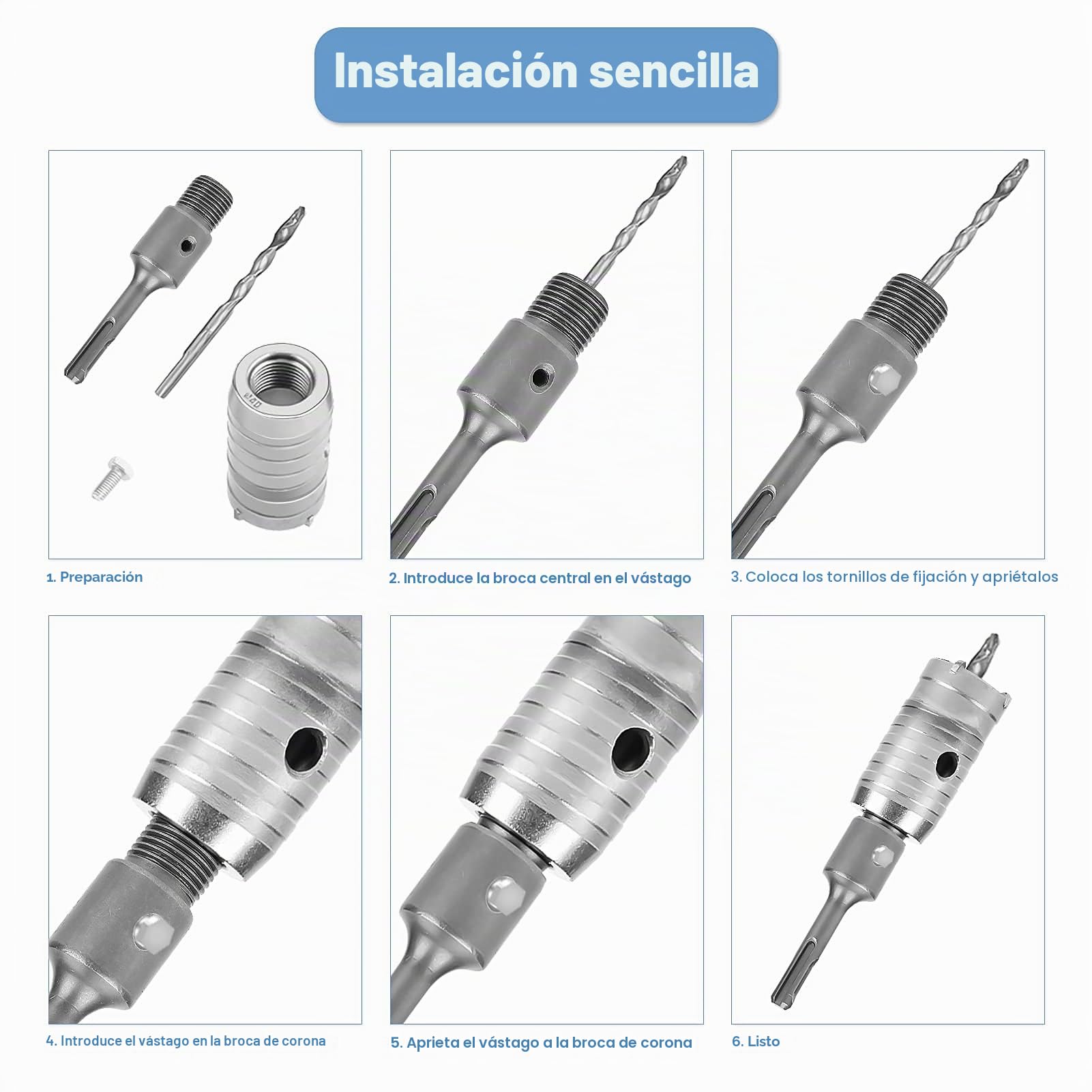 brocas multiuso Robust Line MultiConstruction 35 mm, 40 mm, 50 mm, 65 mm, 82 mm, 110 mm, con broca de guía, vástago de 350 mm, vástago de extensión SDS Plus de 300 mm
