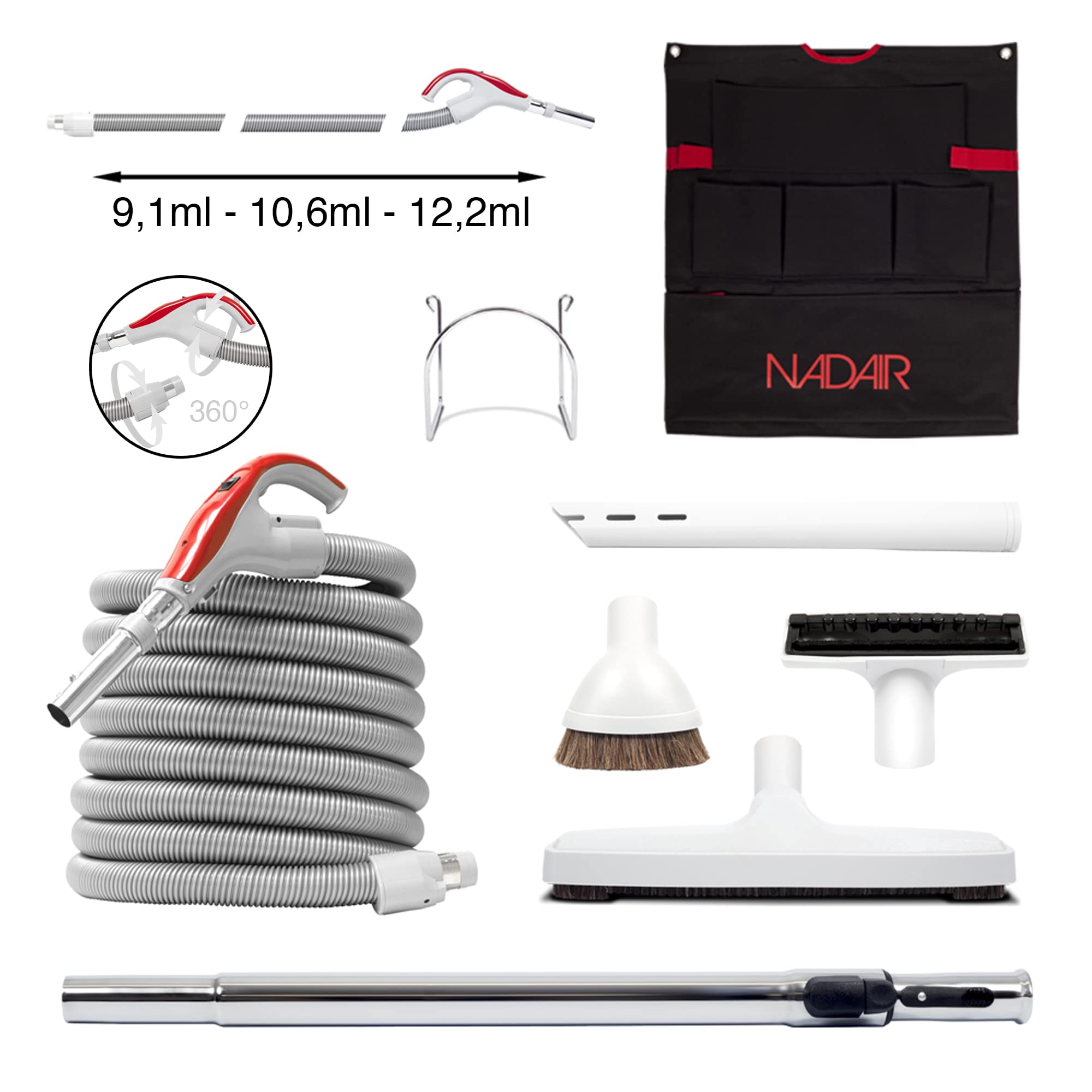 Nadair Pack Aspiration Centralisée 600 AirWatts 32 L à Monter Soi-Même – Kit 4 Prises, Flexible Premium pivotant 360° on/Off, Canne INOX & Accessoires – HEPA 99,97% – Garantie 15 Ans (9,10 ML)