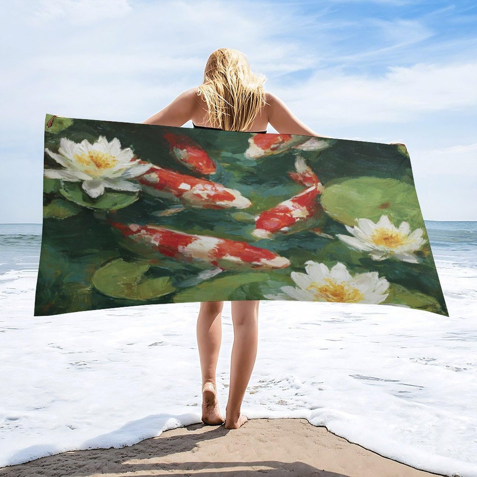 Luyysky Classic Aesthetic Japanese Fish Absorbent Beach Towel, Vintage Asian Botanical Plant Lotus Flowers Leaves Animal Fish Outdoor Single-Sided Velvet Beach Towel-80 W Cm X 160" L Cm