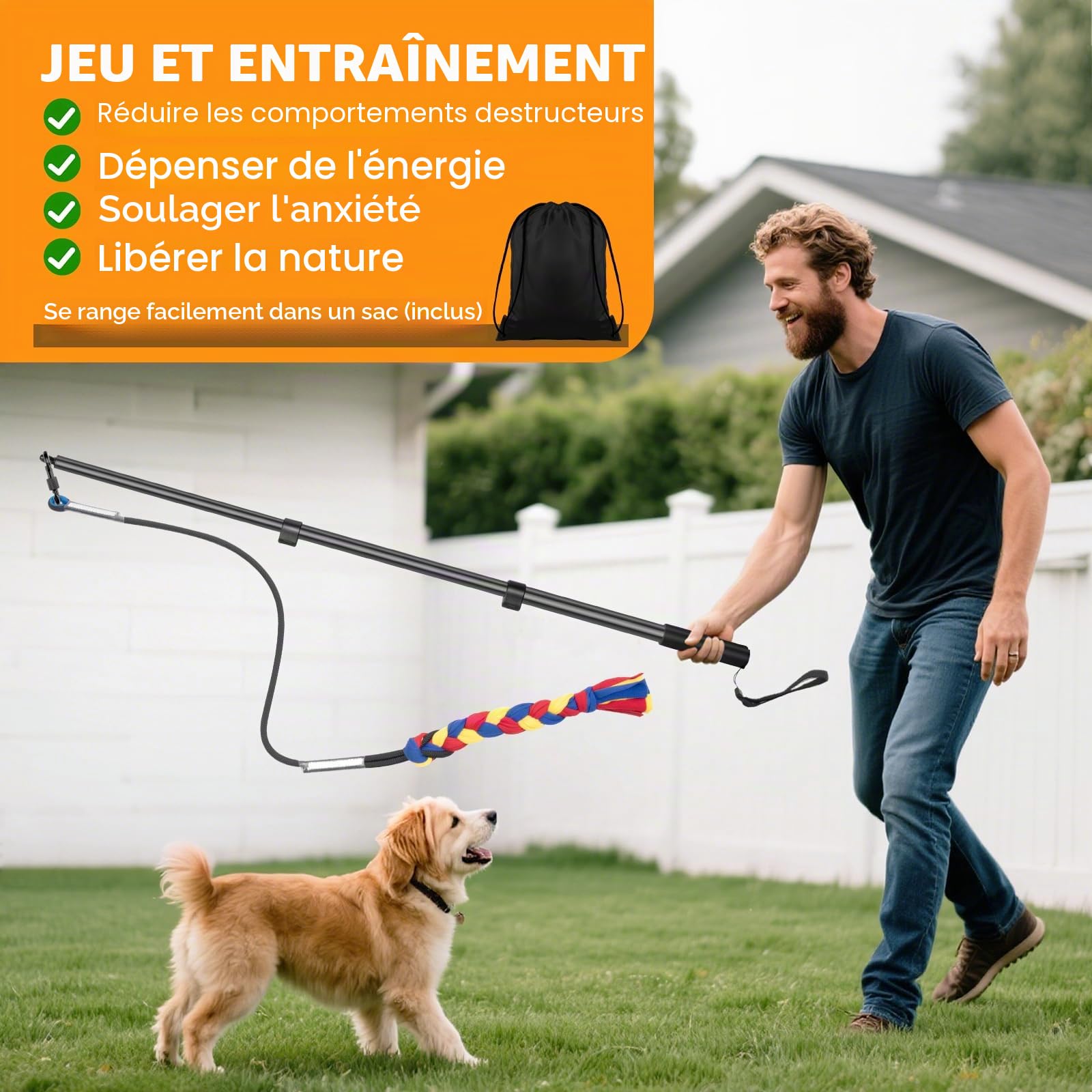 Ycozy Flirt Pole pour Chien, Teaser Extensible 103cm avec 3 Rechange Jouets de Corde Interactif pour Chien Tug Extérieur Exercice
