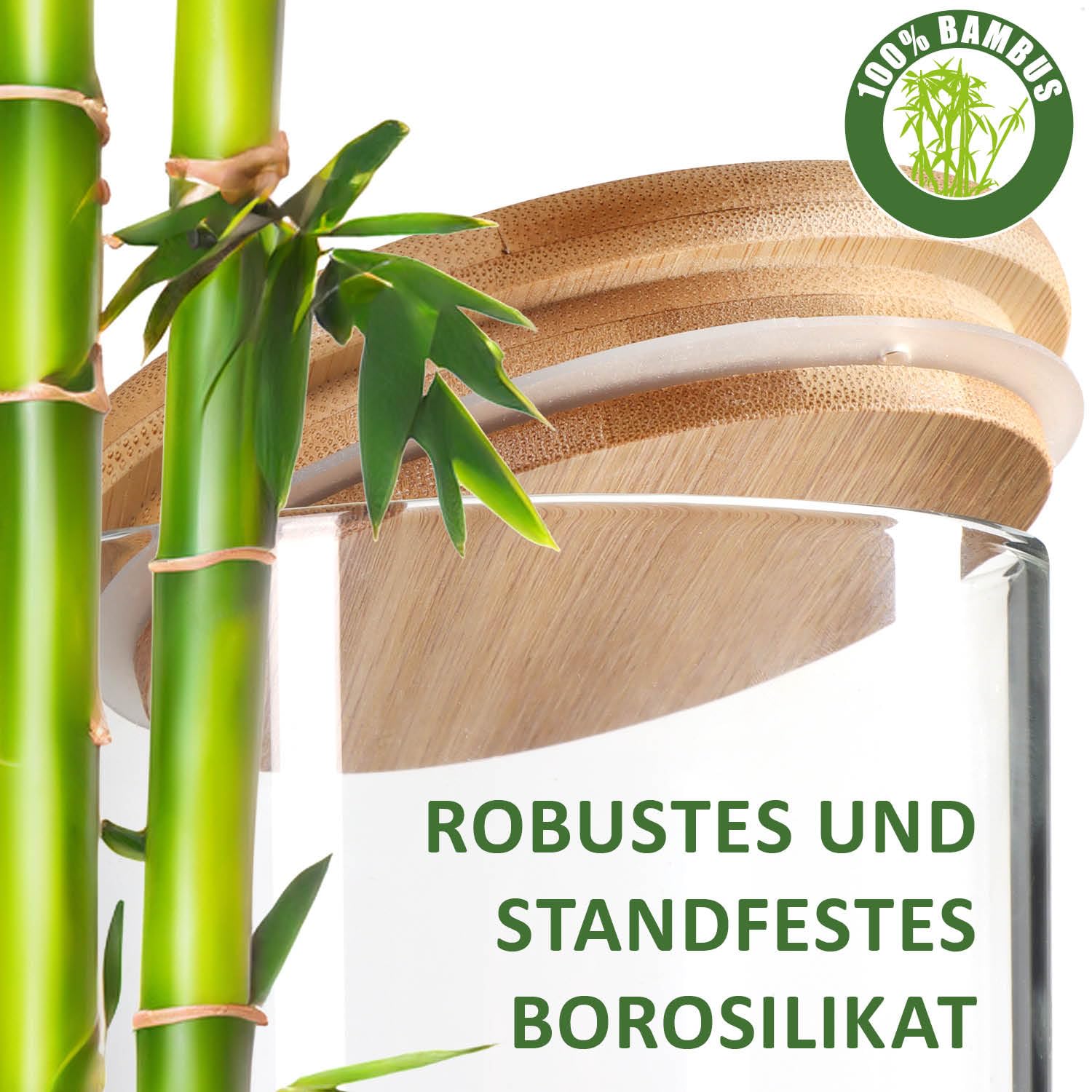 2x Barattoli con coperchio in bambù 1800ml - barattoli per alimenti in vetro borosilicato rinforzato - barattoli ermetici - barattolo rotondo riutilizzabile 1.8L (02 pezzi - 1800 ml)