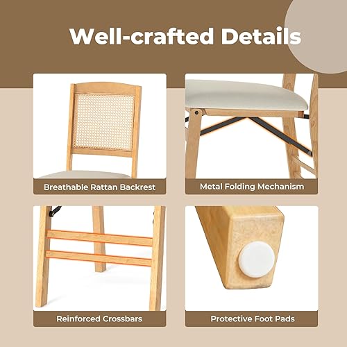 Miniatura 6 de GOFLAME Juego de 4 sillas de comedor plegables tapizadas de tela de lino con asiento acolchado y respaldo de ratán, patas de madera de goma, sillas