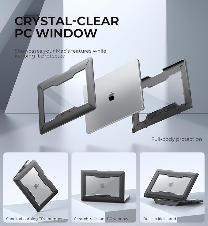 Dexnor for MacBook Pro 16 Inch Case (2024/2023/2021) with Kickstand, M4 / M3 / M2 / M1 Pro/Max (A2991 A2780 A2485) Heavy Duty Full Body Protective Cover with TPU Bumper for MacBook Pro 16 Inch, Black