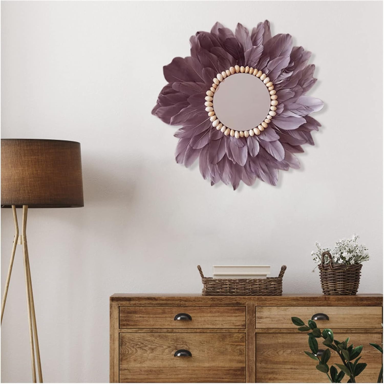 Dressing Mirror Nordic Feather Mirror Anti-Drop Bedroom Decoration Mirrors Wall Decoration Conch Wall Hanging Ornament for ?Living Room Home Essentials (Color : Grey) (White) image 3