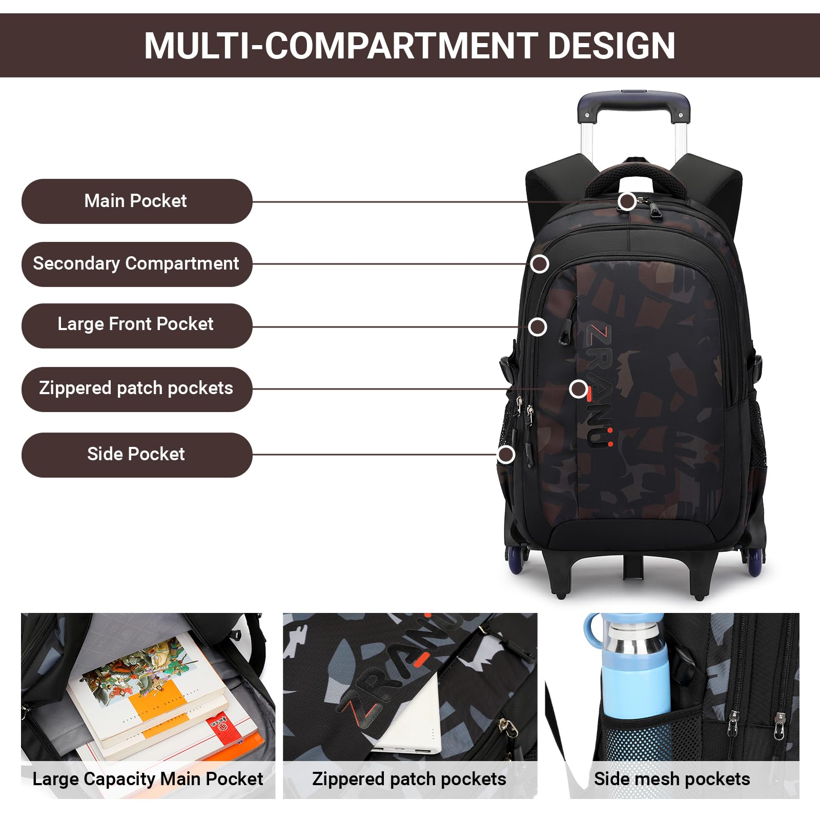 Amythe Mochila con Ruedas Niños Mochilas Escolares Trolley para Adolescentes 10 12-24 años, Carro para Mochilas 6 Ruedas, Mochila de Viaje Gran Capacidad y Resistente al Agua, Marrón