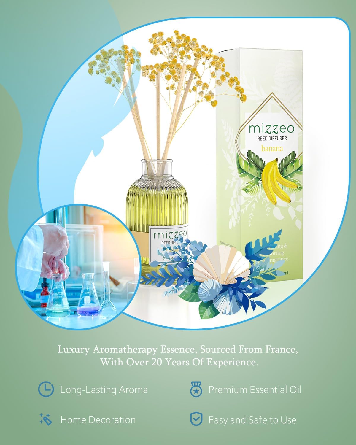MIZZEO Reed Diffuser Set, Banana 6.76 fl oz Highly Scented Room Diffuser Home Fragrance Essential Oil Reed Flower Diffuser, House Bedroom Office Decor & Gifts - Image 2