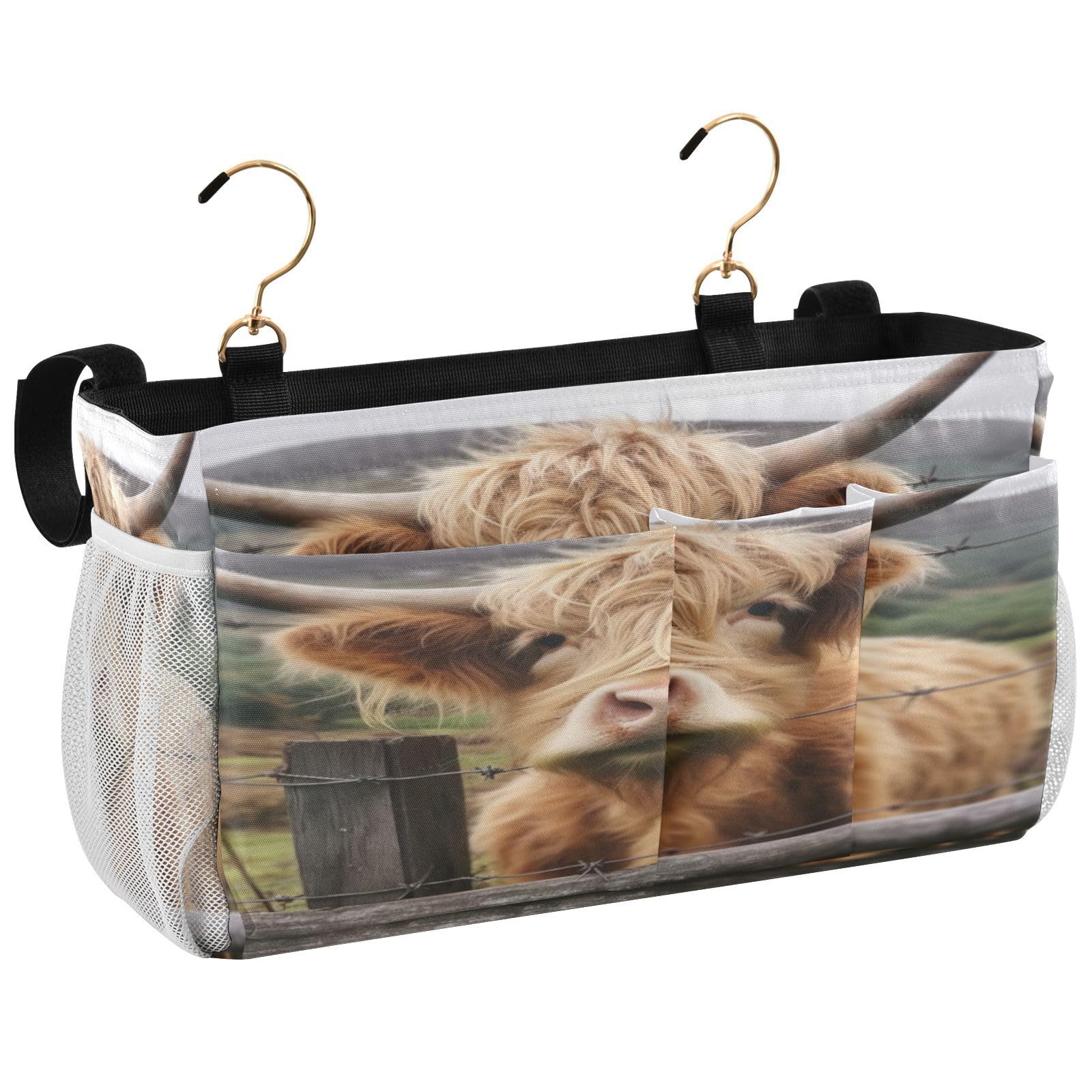 WELLDAY Highland Cow Bedside Caddy, Bedside Storage Organizer for Home, College, Bunk and Hospital Beds, Crib Bed Rails