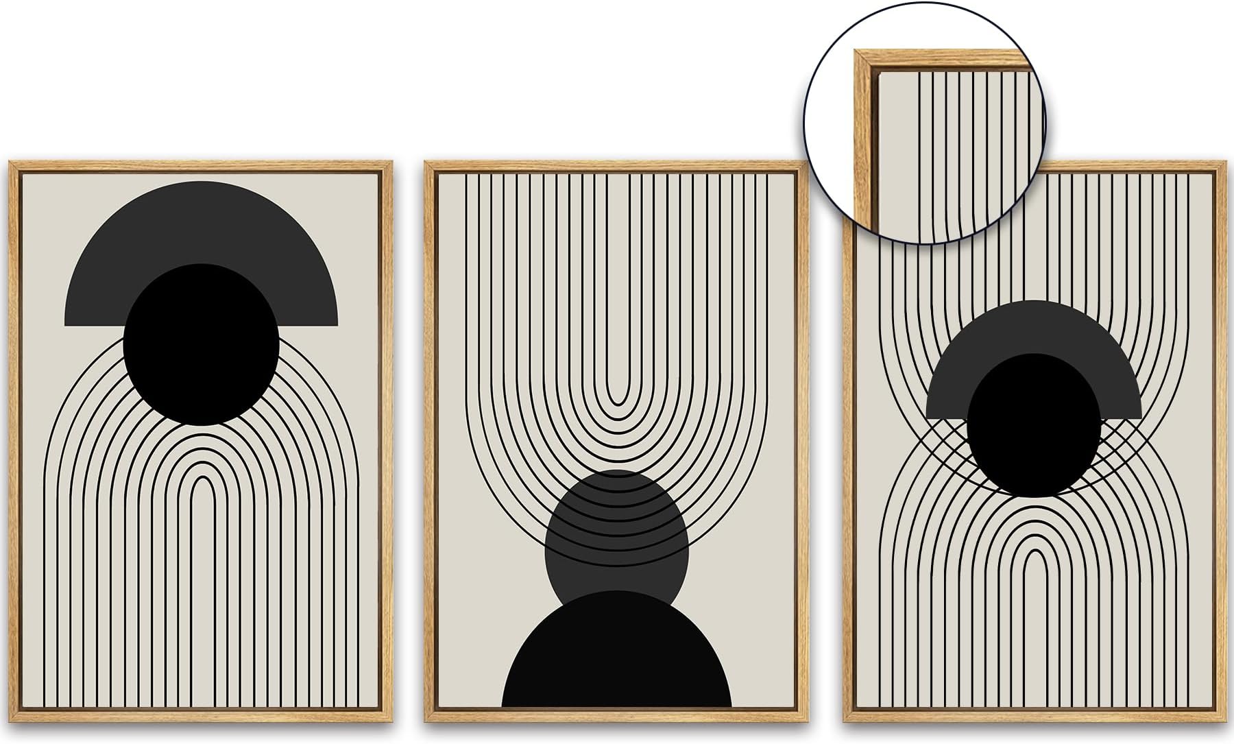 SHENIFY Black Boho Wall Art 𝗙𝗿𝗮𝗺𝗲𝗱 Wood Abstract Boho Wall Decor Mid Century Modern Decor Minimalist Bohemian Bedroom Decor Canvas Prints Ready To Hang for Living Room,12"x16"x3pcs(FRAMED)