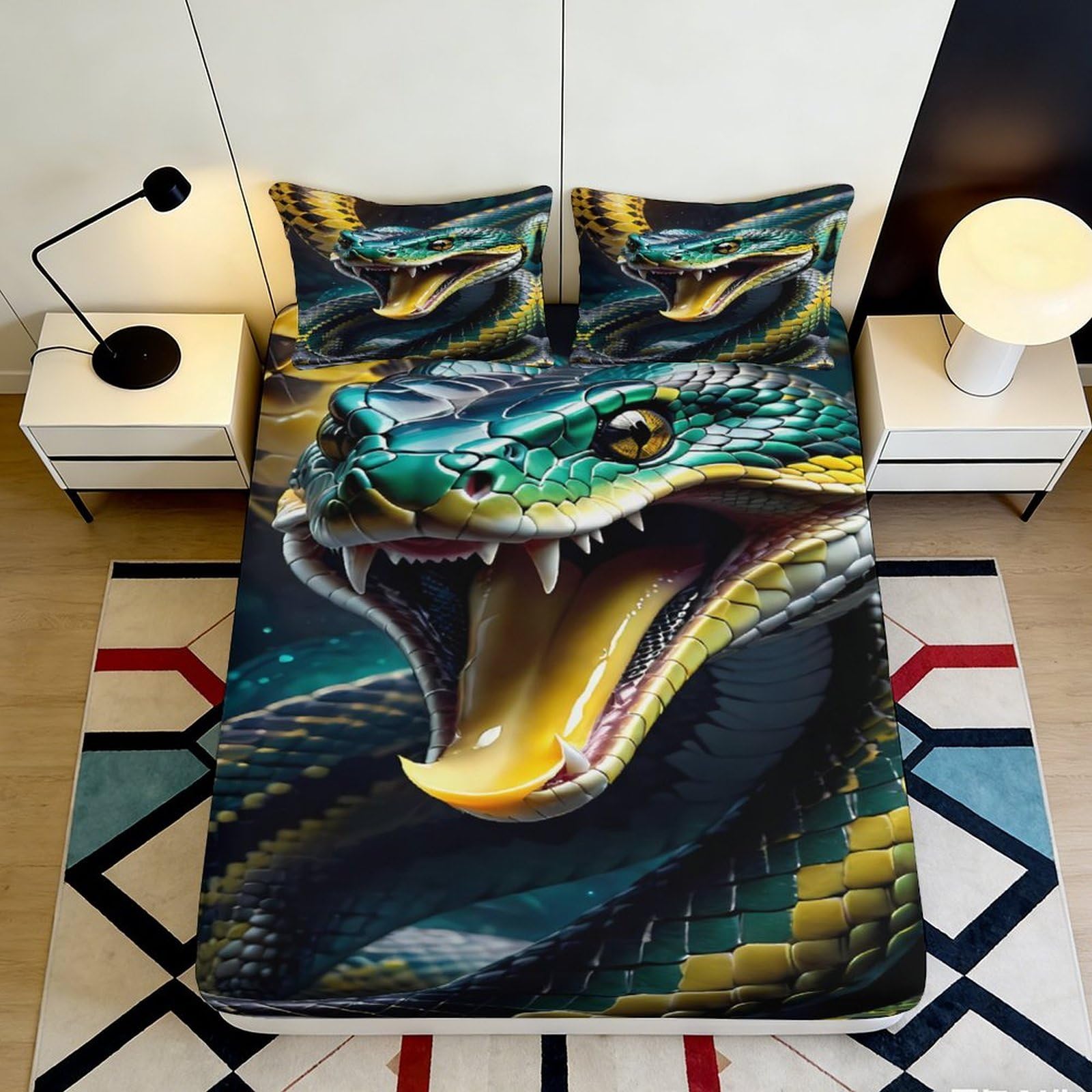 3D Printed Green Snake Fitted Sheet Microfiber Non Slip Mattress Cover for Bedroom Dorm Youth Bed Decor 120x200cm 120x200x25cm