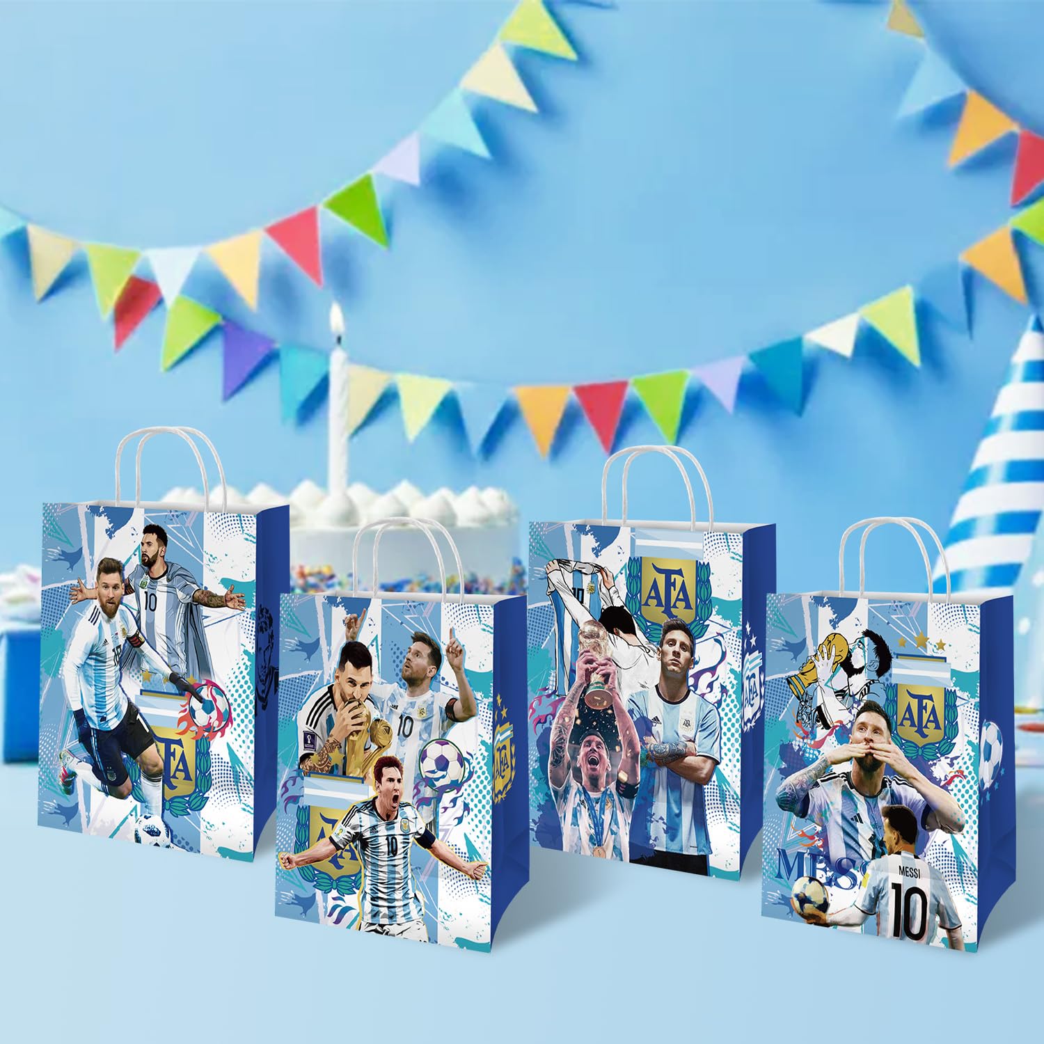16Pcs Argentina Messi Party Favor Bags Gift Bags for Birthday Party Decorations Bulk with Handles Paper Goodie Bags for Kids Shopping Bags Merchandise Bags for Party Supplies for Boys Grils