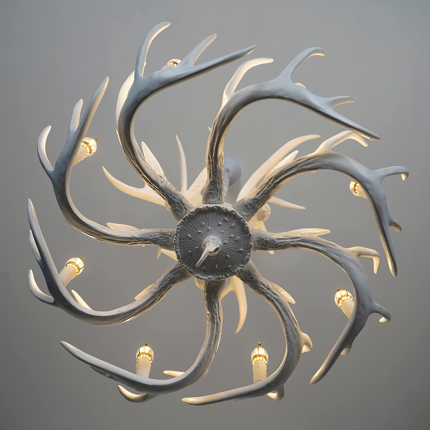 Resin Antler Chandelier Two Tier Rustic Antler Fixture, 8 Lights Farmhouse Hanging Light, 31.5" Candle Pendant Light in White